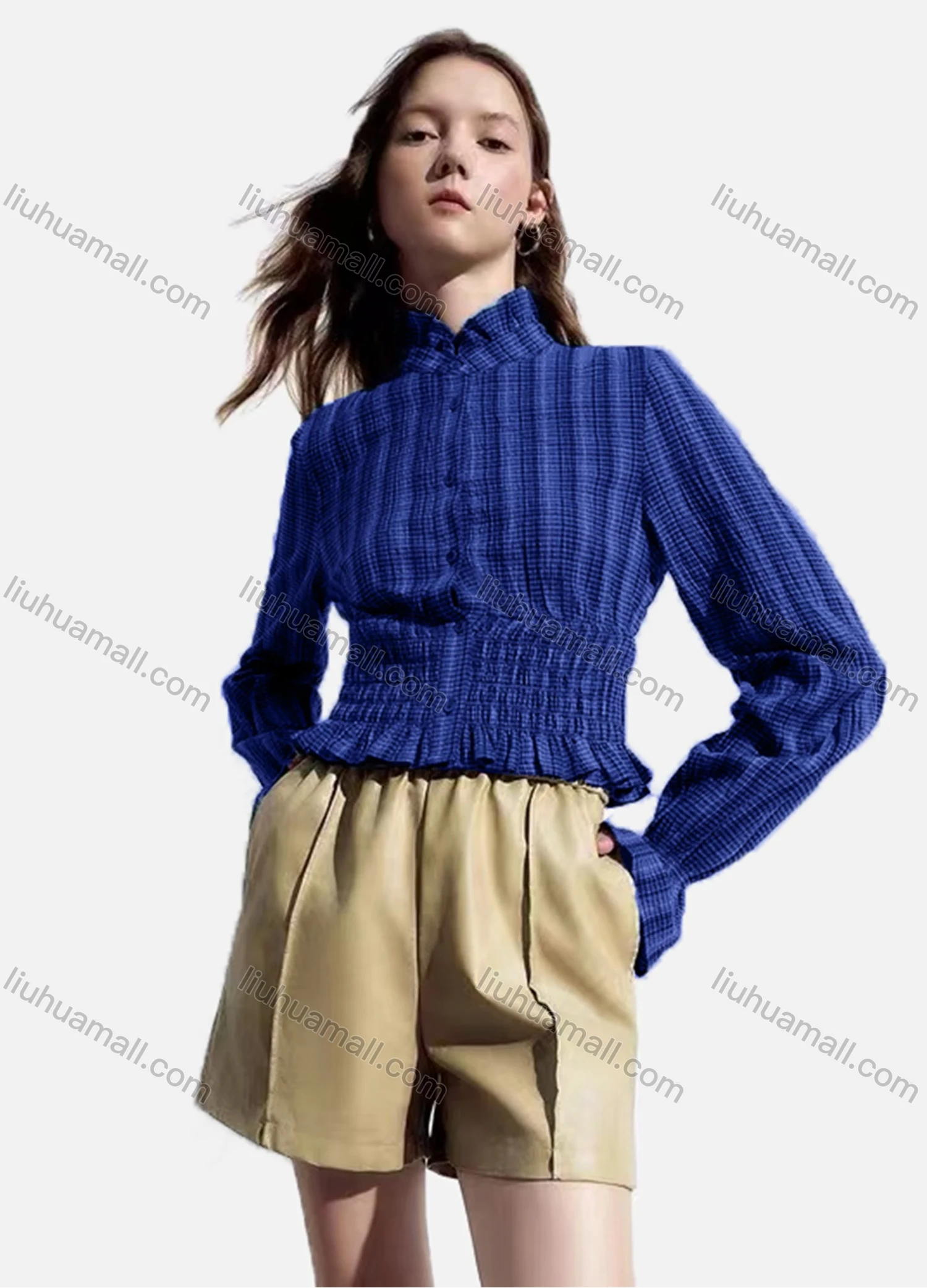 Wholesale Women's Casual Striped Shirred Ruffle Trim Poet Sleeve Mock Neck Button Down Crop Blouse - Liuhuamall