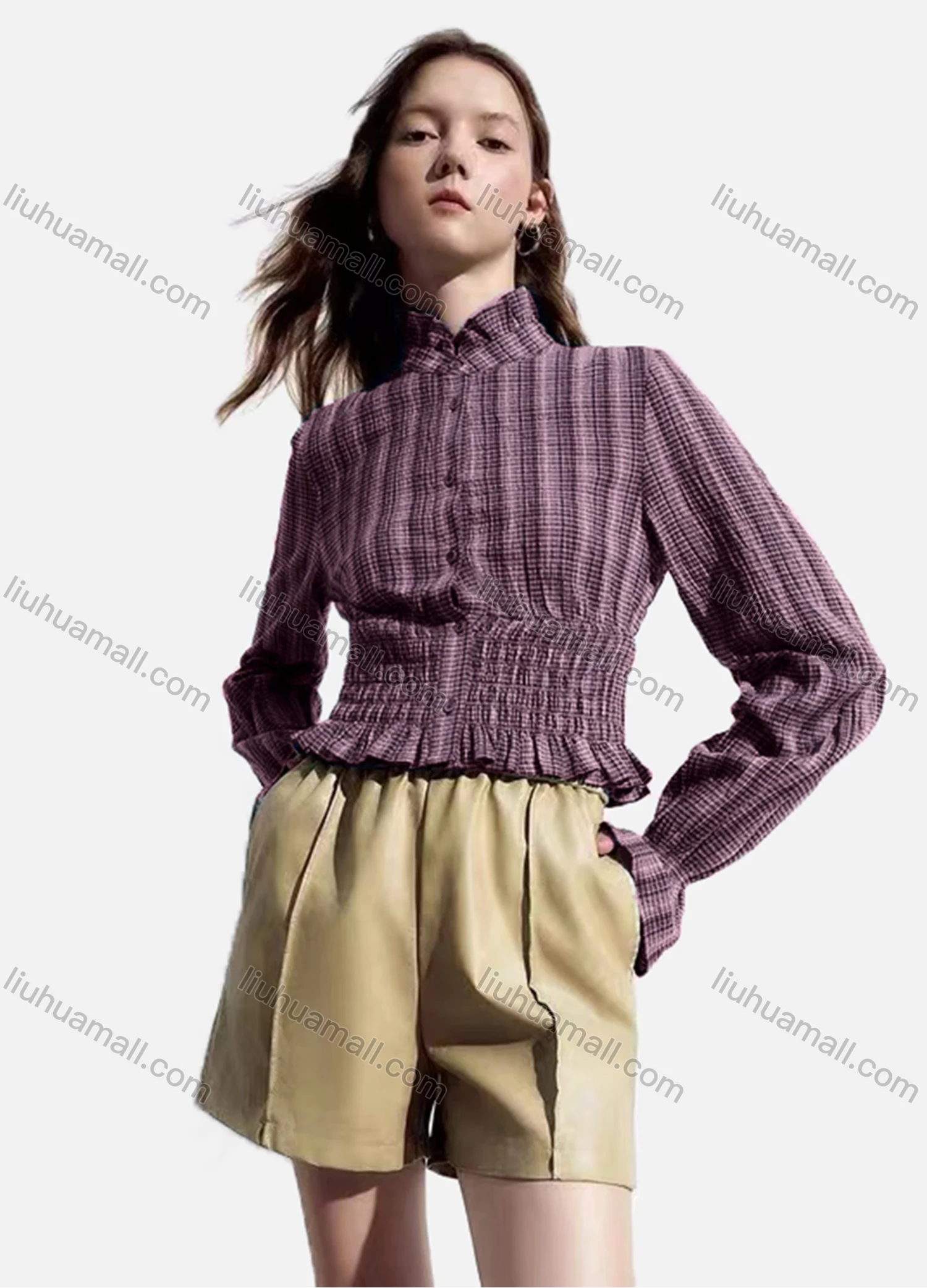Wholesale Women's Casual Striped Shirred Ruffle Trim Poet Sleeve Mock Neck Button Down Crop Blouse - Liuhuamall