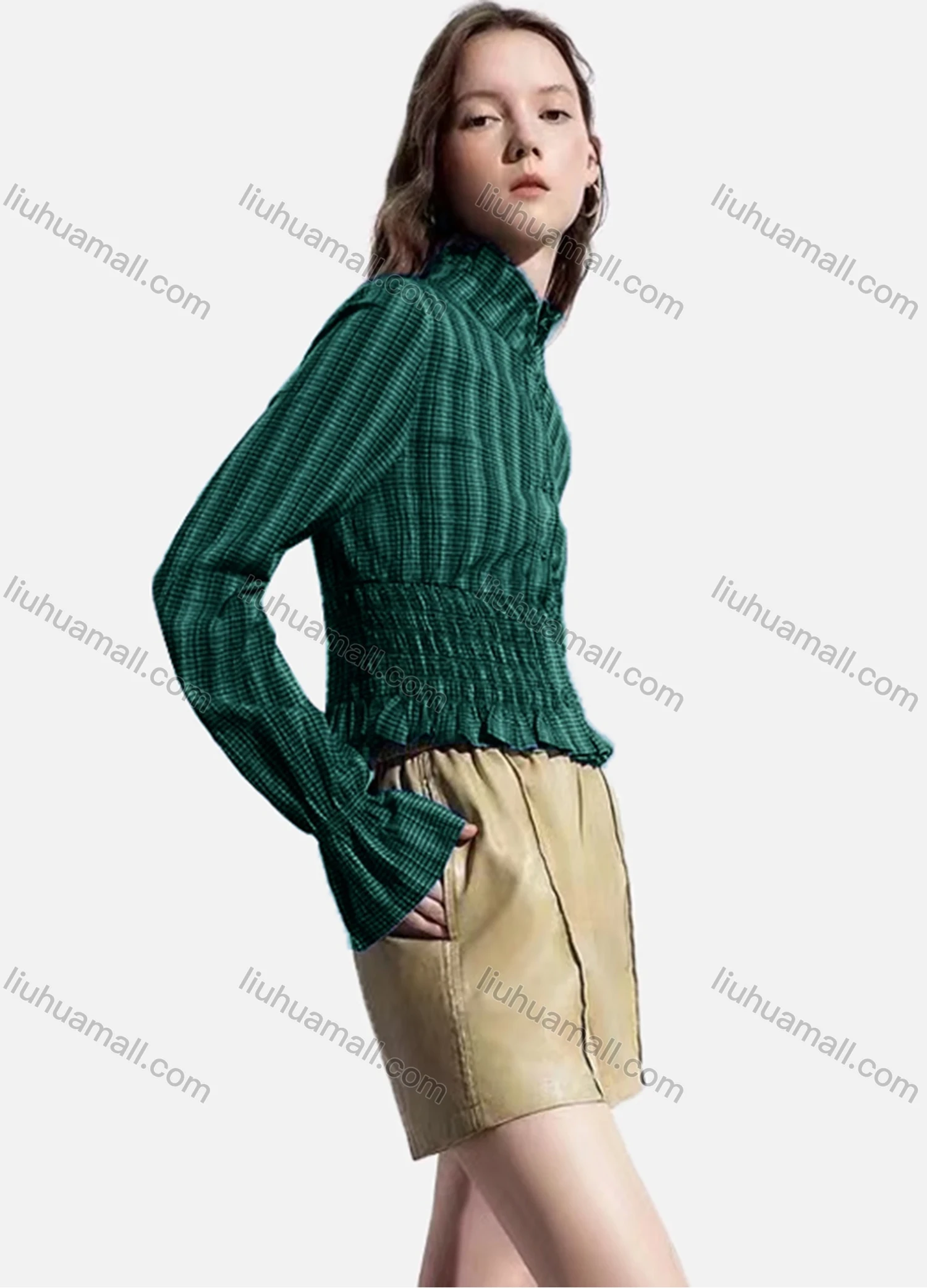 Wholesale Women's Casual Striped Shirred Ruffle Trim Poet Sleeve Mock Neck Button Down Crop Blouse - Liuhuamall