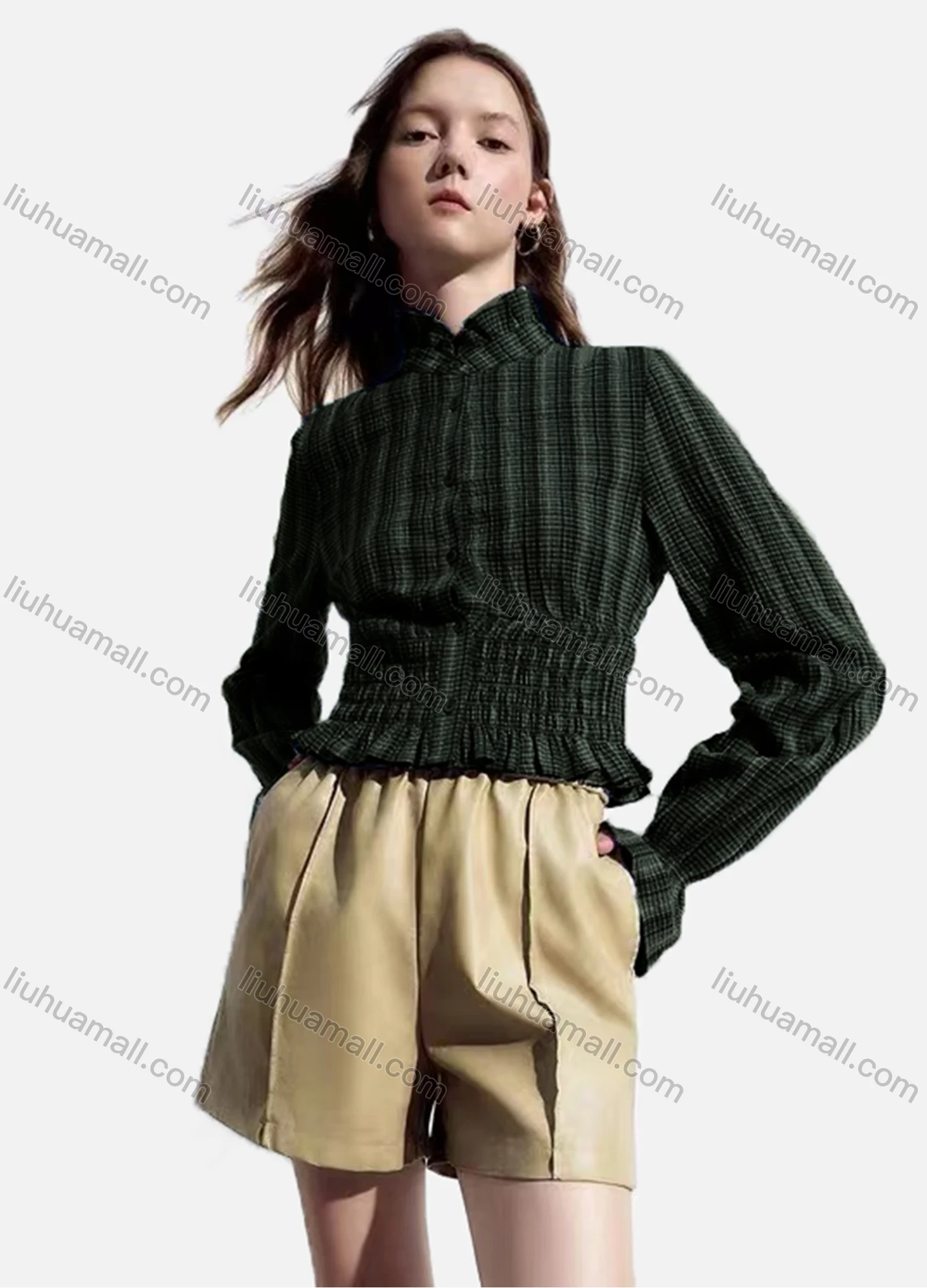 Wholesale Women's Casual Striped Shirred Ruffle Trim Poet Sleeve Mock Neck Button Down Crop Blouse - Liuhuamall