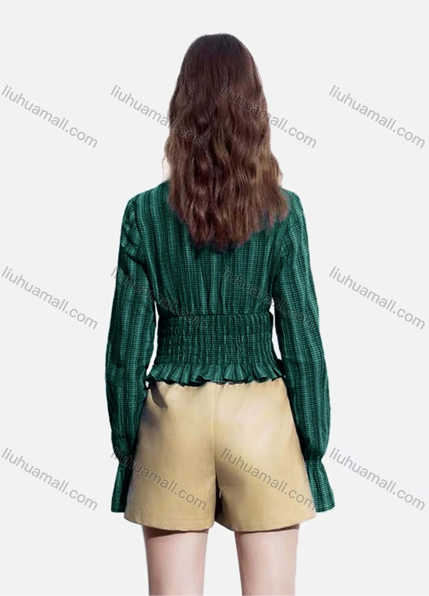 Wholesale Women's Casual Striped Shirred Ruffle Trim Poet Sleeve Mock Neck Button Down Crop Blouse - Liuhuamall