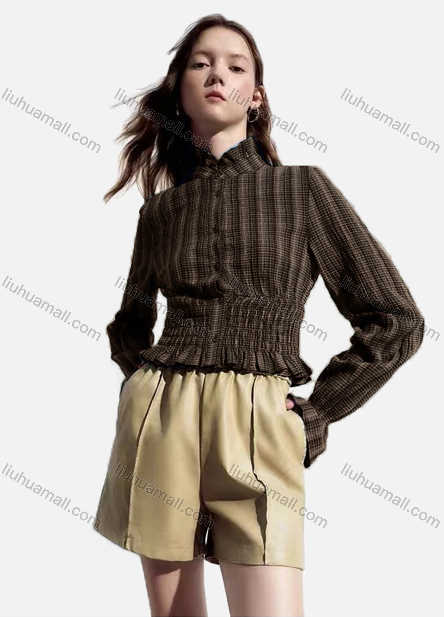 Wholesale Women's Casual Striped Shirred Ruffle Trim Poet Sleeve Mock Neck Button Down Crop Blouse - Liuhuamall