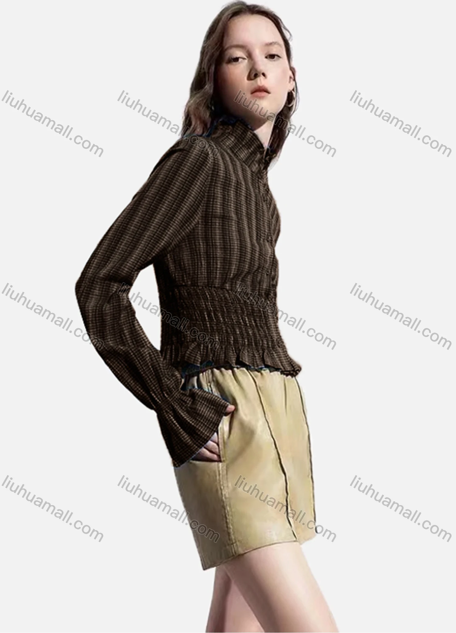 Wholesale Women's Casual Striped Shirred Ruffle Trim Poet Sleeve Mock Neck Button Down Crop Blouse - Liuhuamall