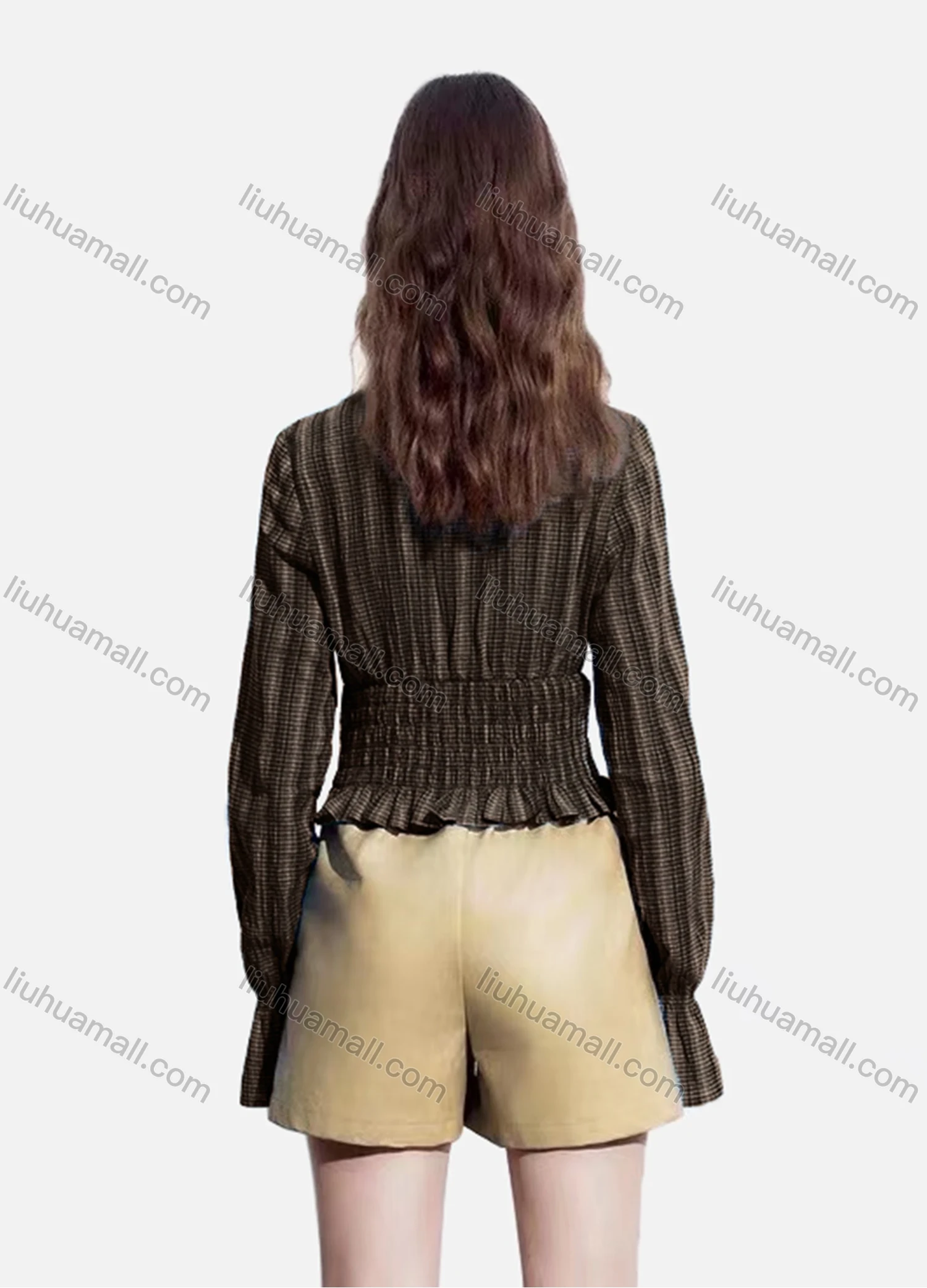 Wholesale Women's Casual Striped Shirred Ruffle Trim Poet Sleeve Mock Neck Button Down Crop Blouse - Liuhuamall