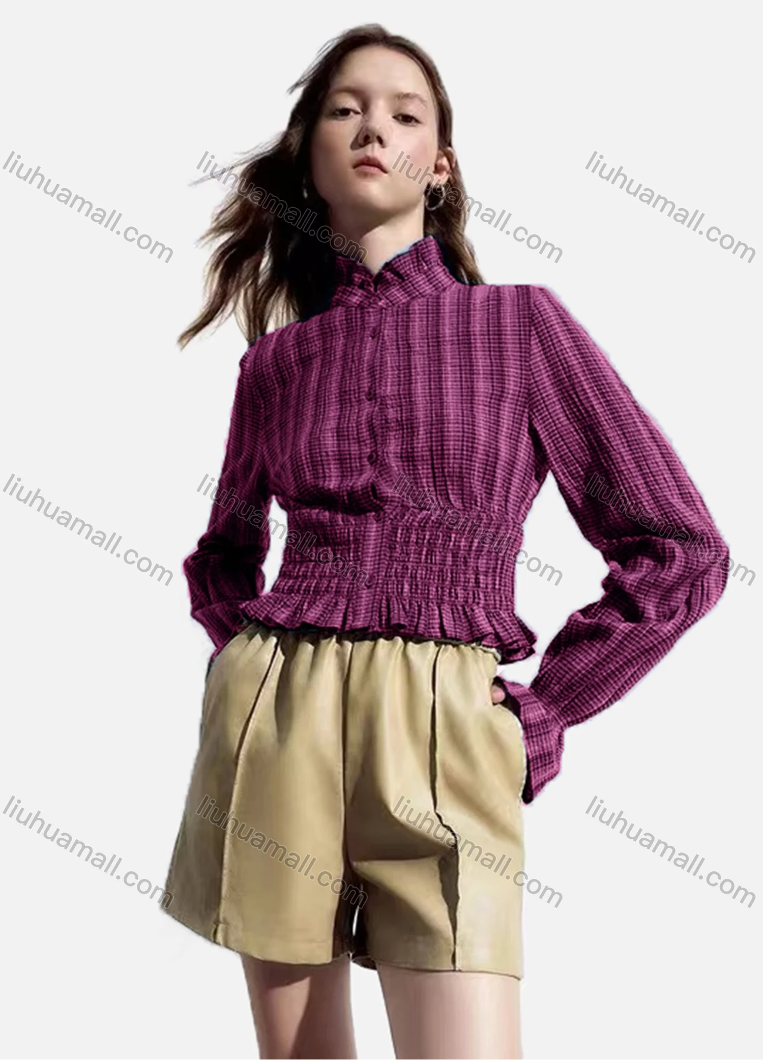 Wholesale Women's Casual Striped Shirred Ruffle Trim Poet Sleeve Mock Neck Button Down Crop Blouse - Liuhuamall