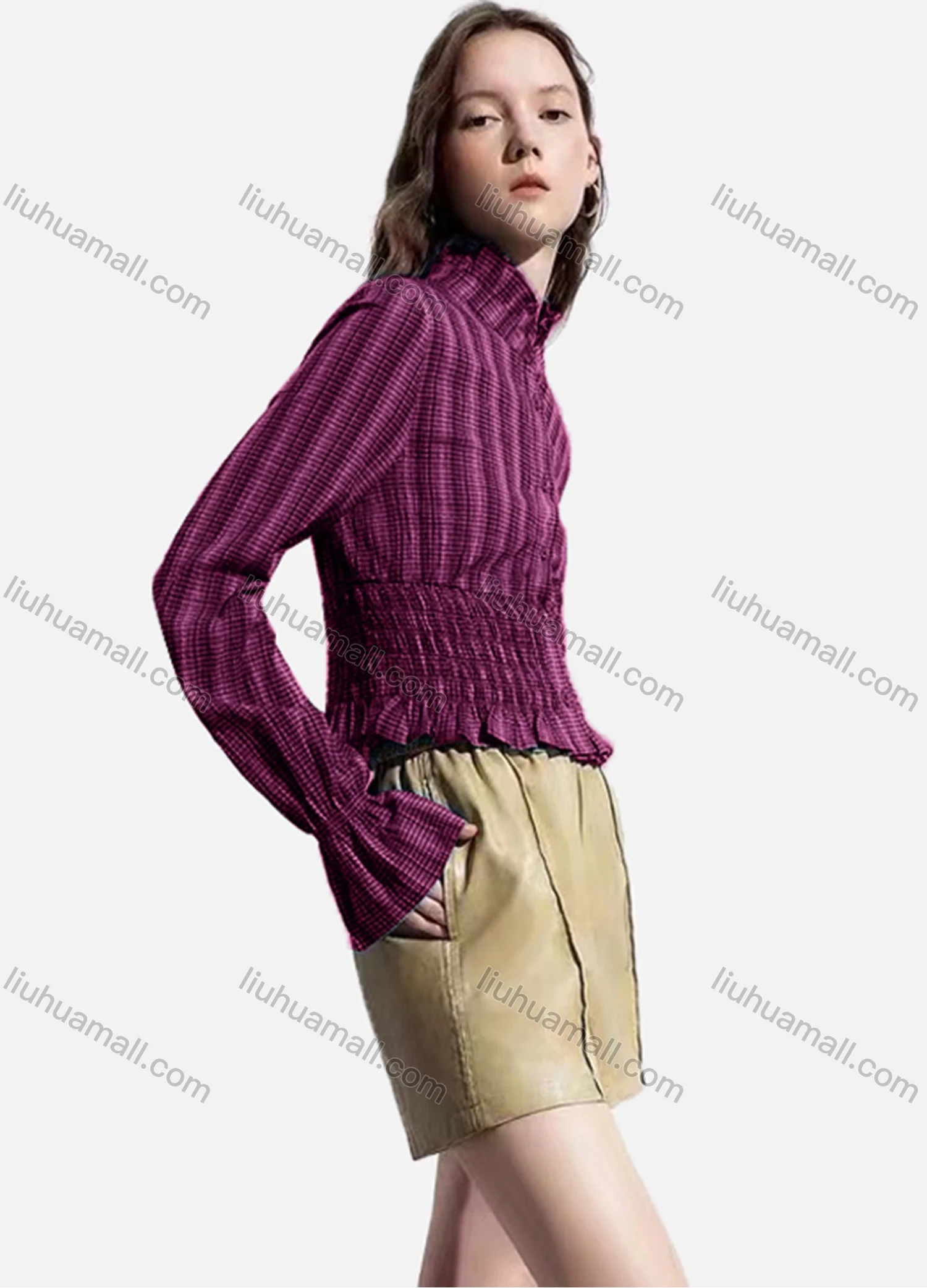 Wholesale Women's Casual Striped Shirred Ruffle Trim Poet Sleeve Mock Neck Button Down Crop Blouse - Liuhuamall