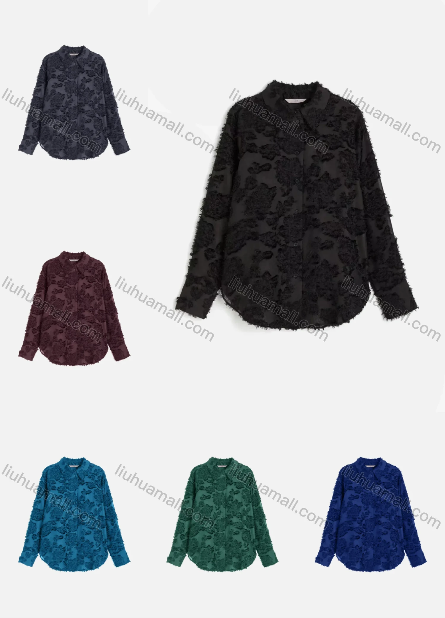 Wholesale Women's Casual Plain Eyelash Lace Applique Curved Hem Long Sleeve Collared Button Down Shirt - Liuhuamall