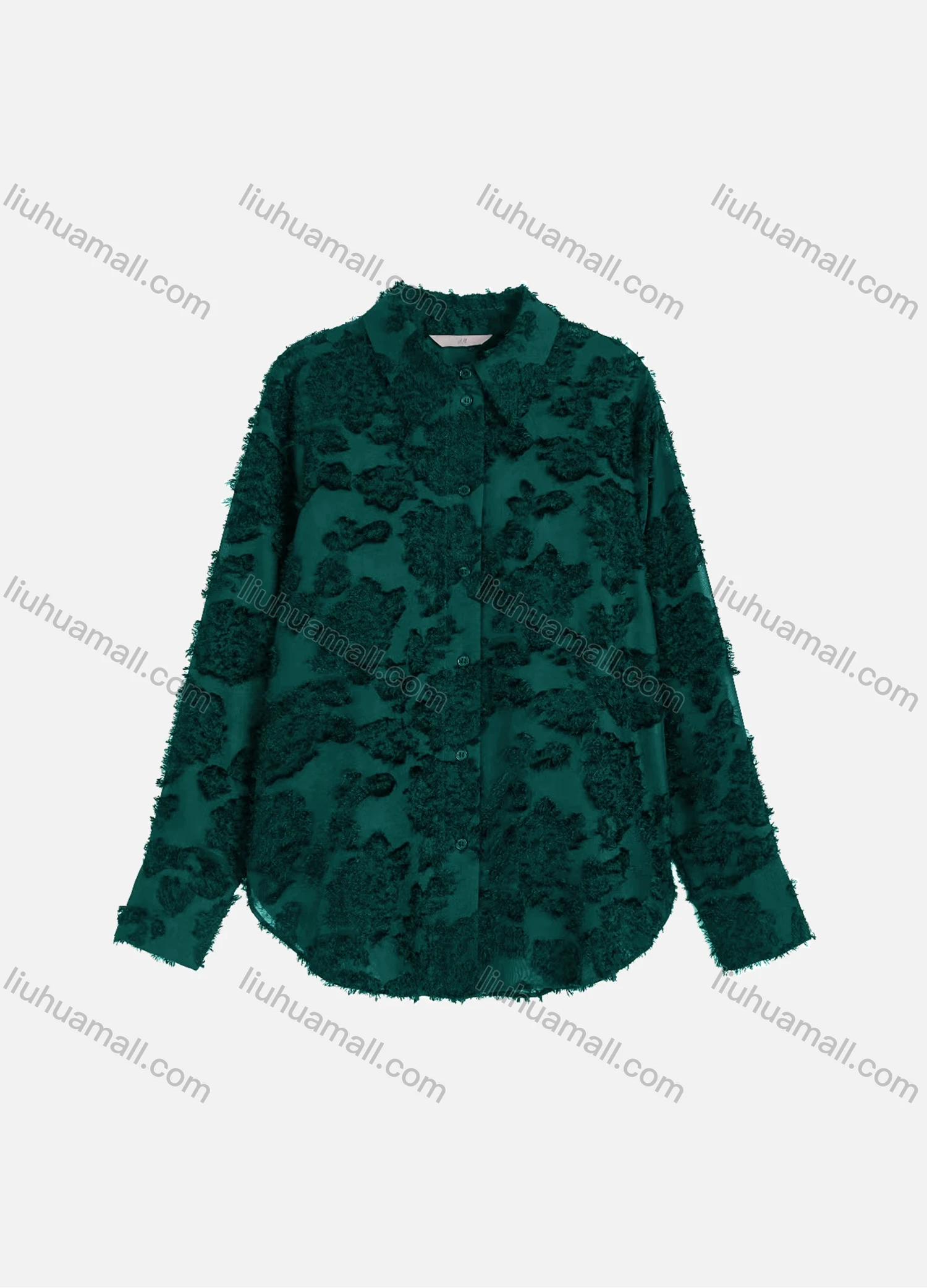 Wholesale Women's Casual Plain Eyelash Lace Applique Curved Hem Long Sleeve Collared Button Down Shirt - Liuhuamall