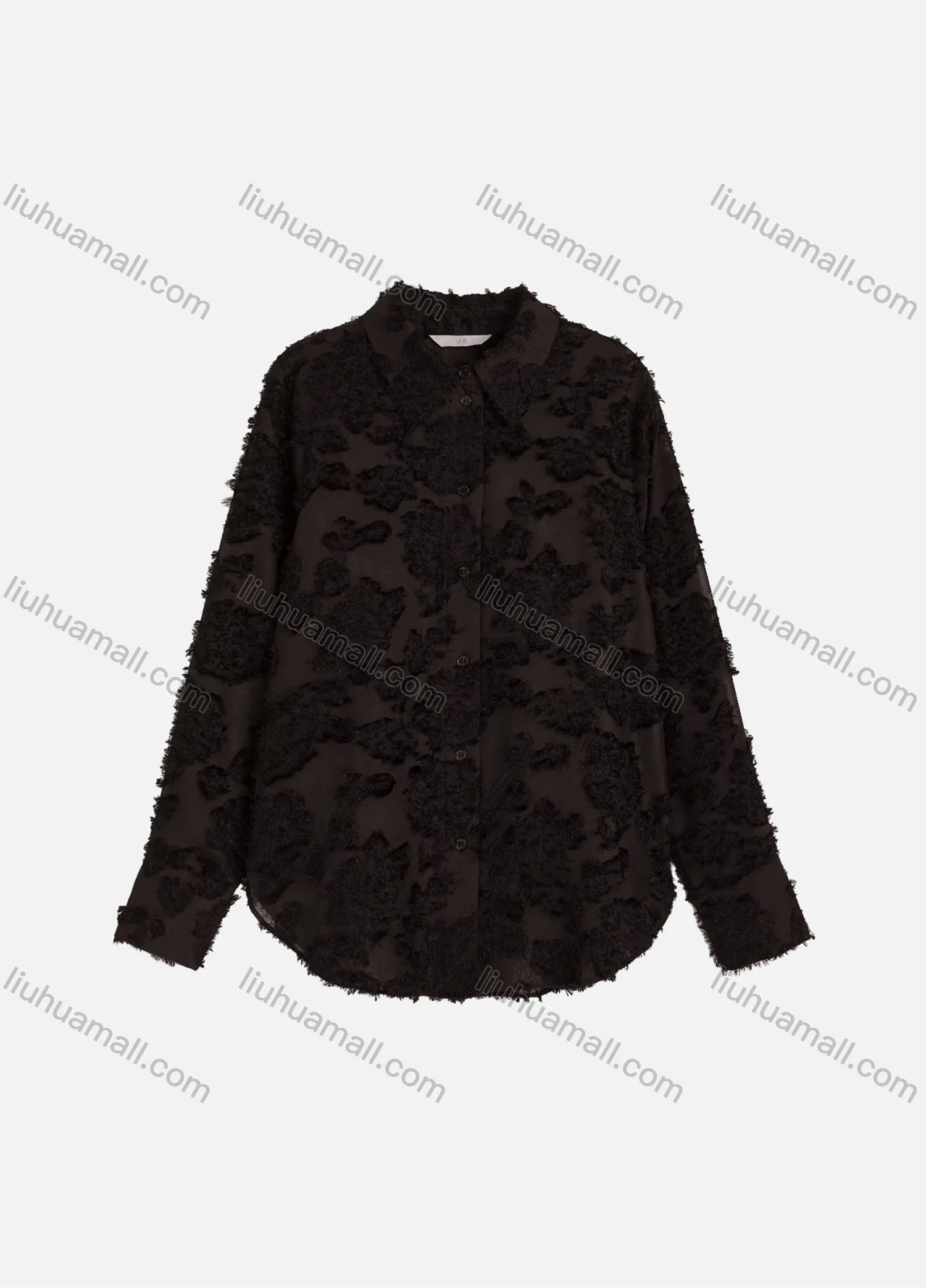 Wholesale Women's Casual Plain Eyelash Lace Applique Curved Hem Long Sleeve Collared Button Down Shirt - Liuhuamall