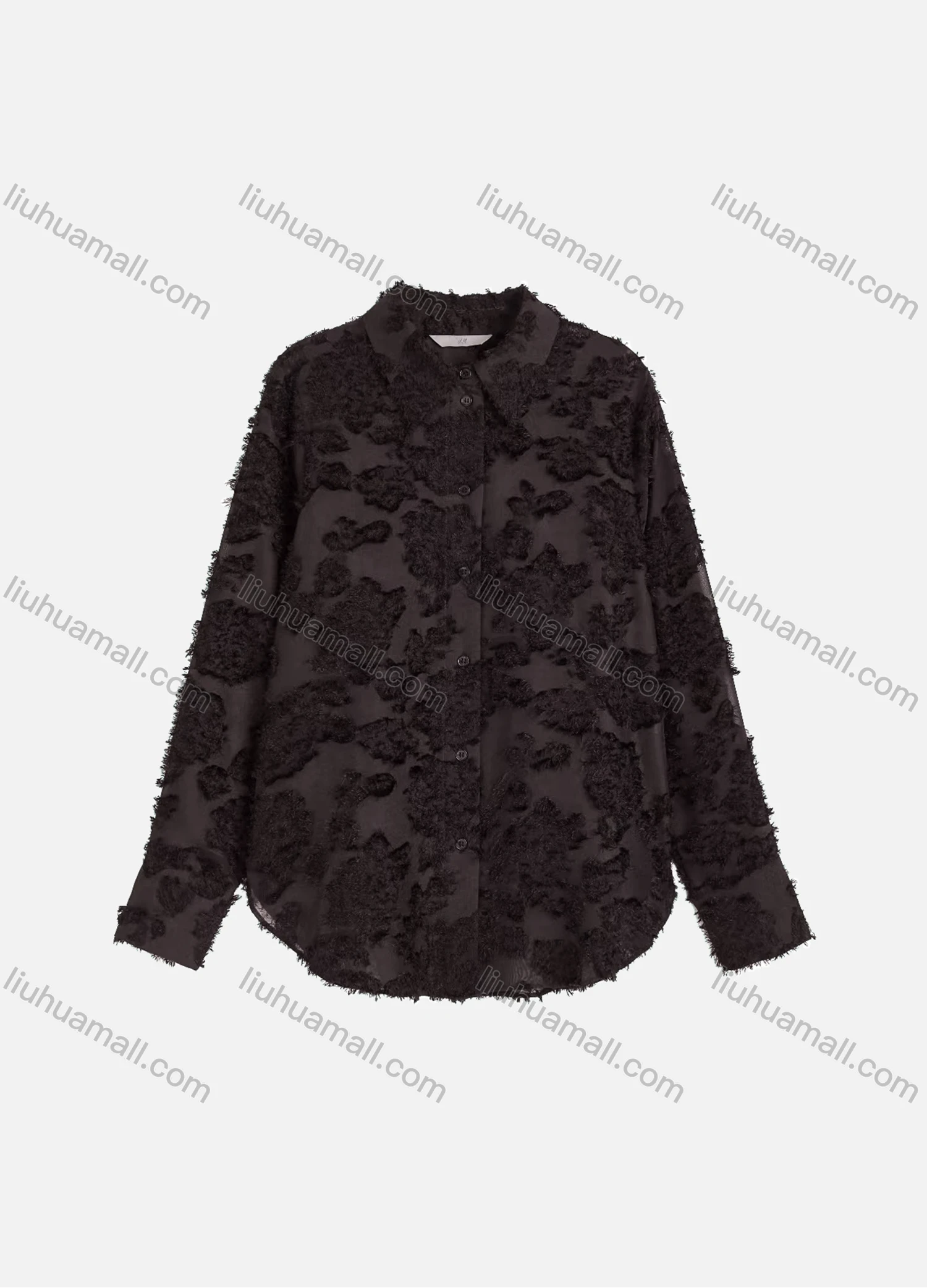 Wholesale Women's Casual Plain Eyelash Lace Applique Curved Hem Long Sleeve Collared Button Down Shirt - Liuhuamall