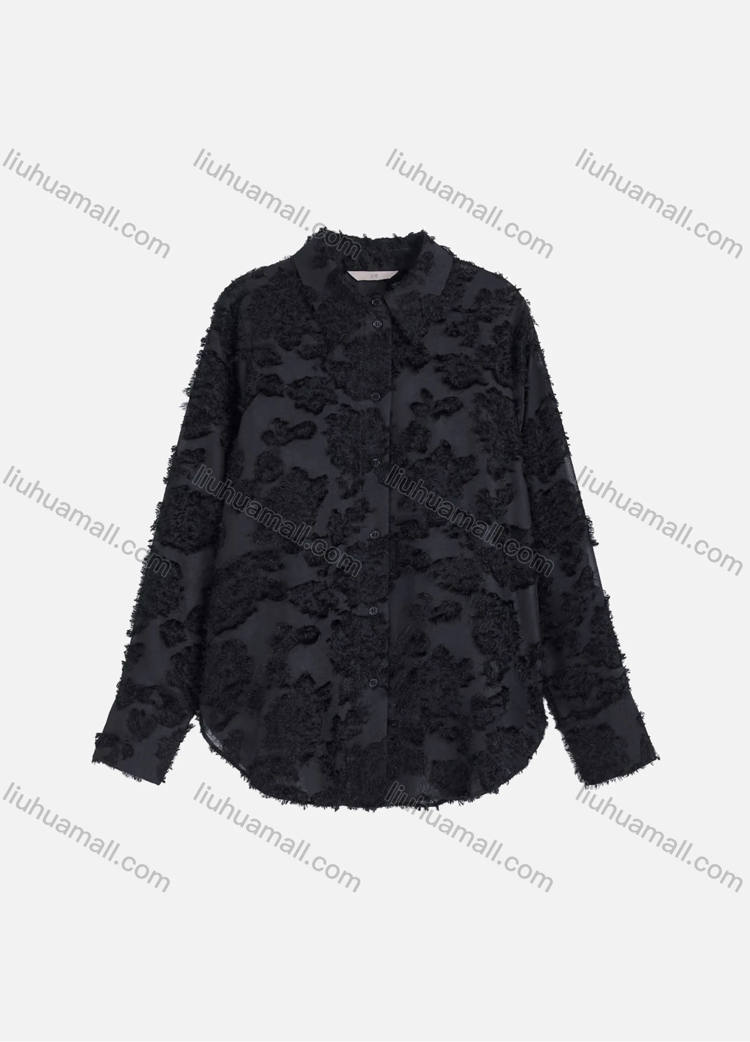Wholesale Women's Casual Plain Eyelash Lace Applique Curved Hem Long Sleeve Collared Button Down Shirt - Liuhuamall