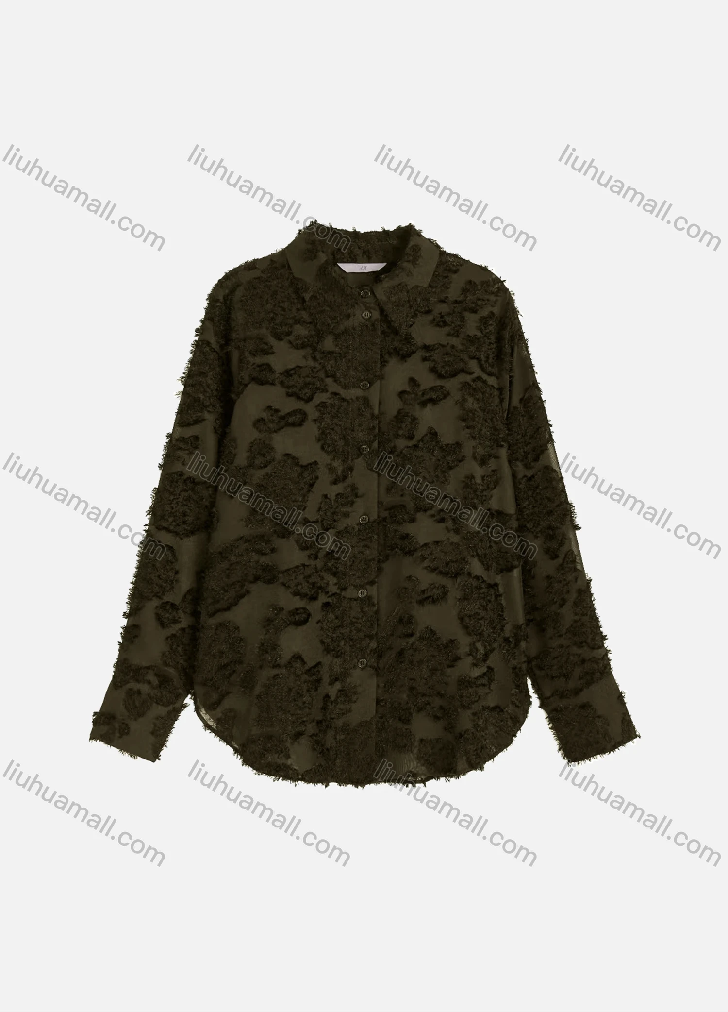 Wholesale Women's Casual Plain Eyelash Lace Applique Curved Hem Long Sleeve Collared Button Down Shirt - Liuhuamall