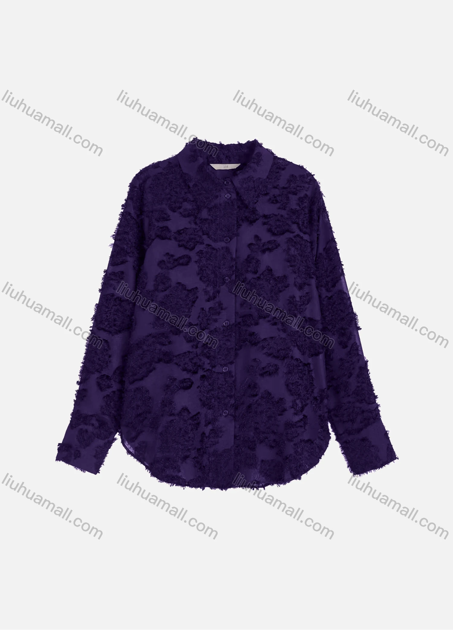 Wholesale Women's Casual Plain Eyelash Lace Applique Curved Hem Long Sleeve Collared Button Down Shirt - Liuhuamall