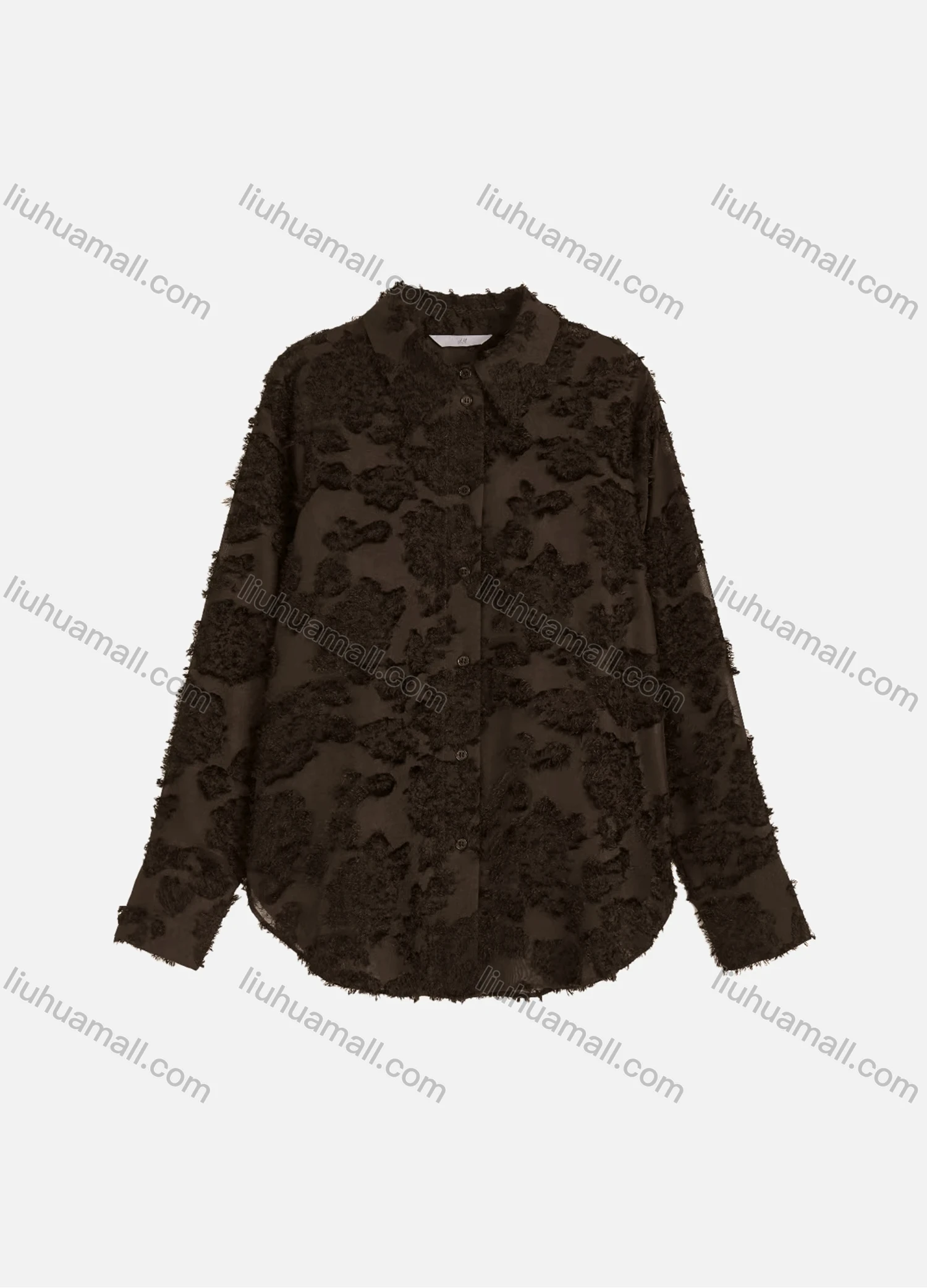Wholesale Women's Casual Plain Eyelash Lace Applique Curved Hem Long Sleeve Collared Button Down Shirt - Liuhuamall