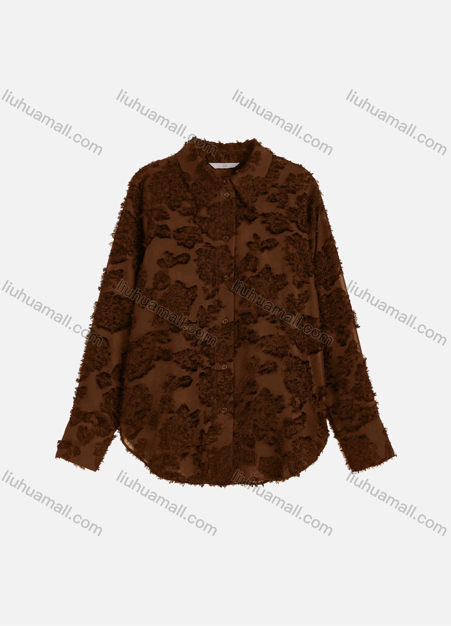 Wholesale Women's Casual Plain Eyelash Lace Applique Curved Hem Long Sleeve Collared Button Down Shirt - Liuhuamall
