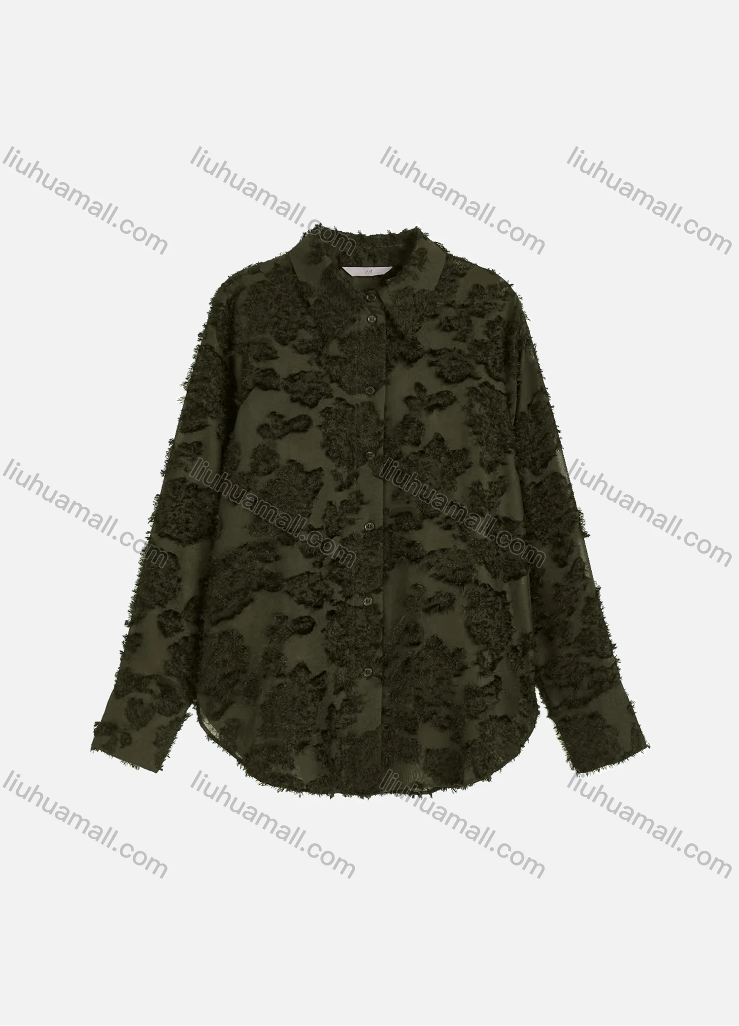 Wholesale Women's Casual Plain Eyelash Lace Applique Curved Hem Long Sleeve Collared Button Down Shirt - Liuhuamall