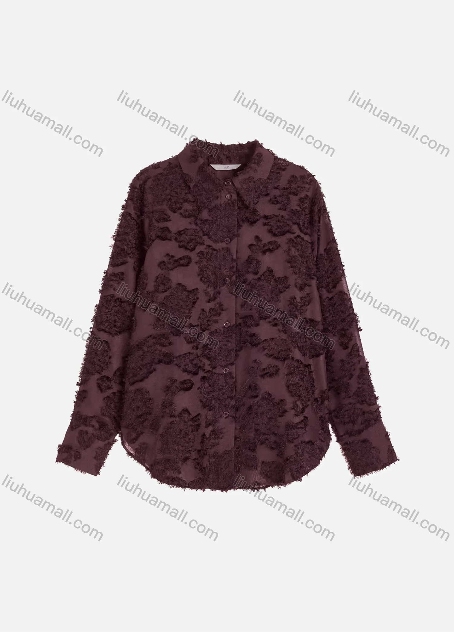Wholesale Women's Casual Plain Eyelash Lace Applique Curved Hem Long Sleeve Collared Button Down Shirt - Liuhuamall