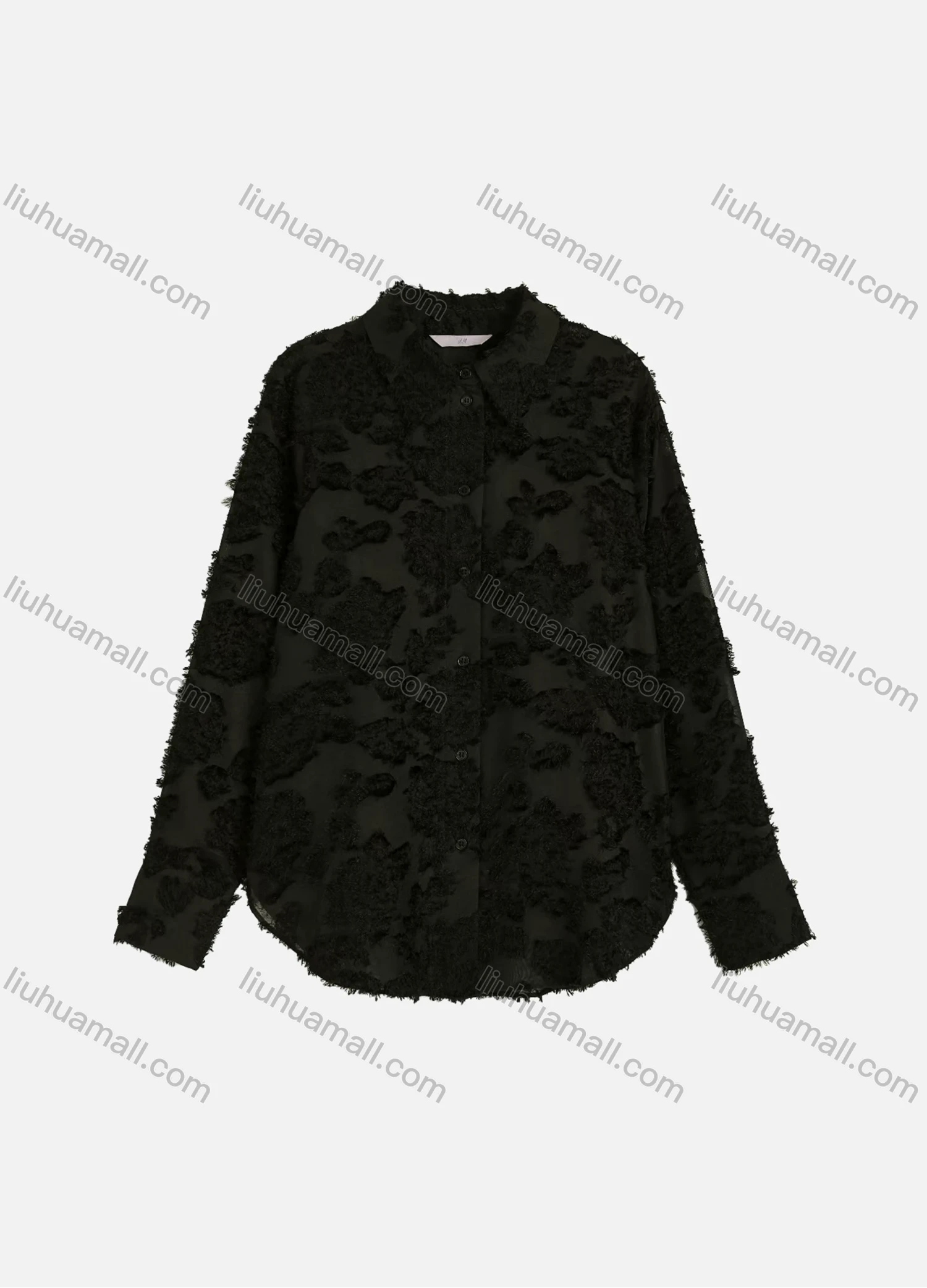Wholesale Women's Casual Plain Eyelash Lace Applique Curved Hem Long Sleeve Collared Button Down Shirt - Liuhuamall