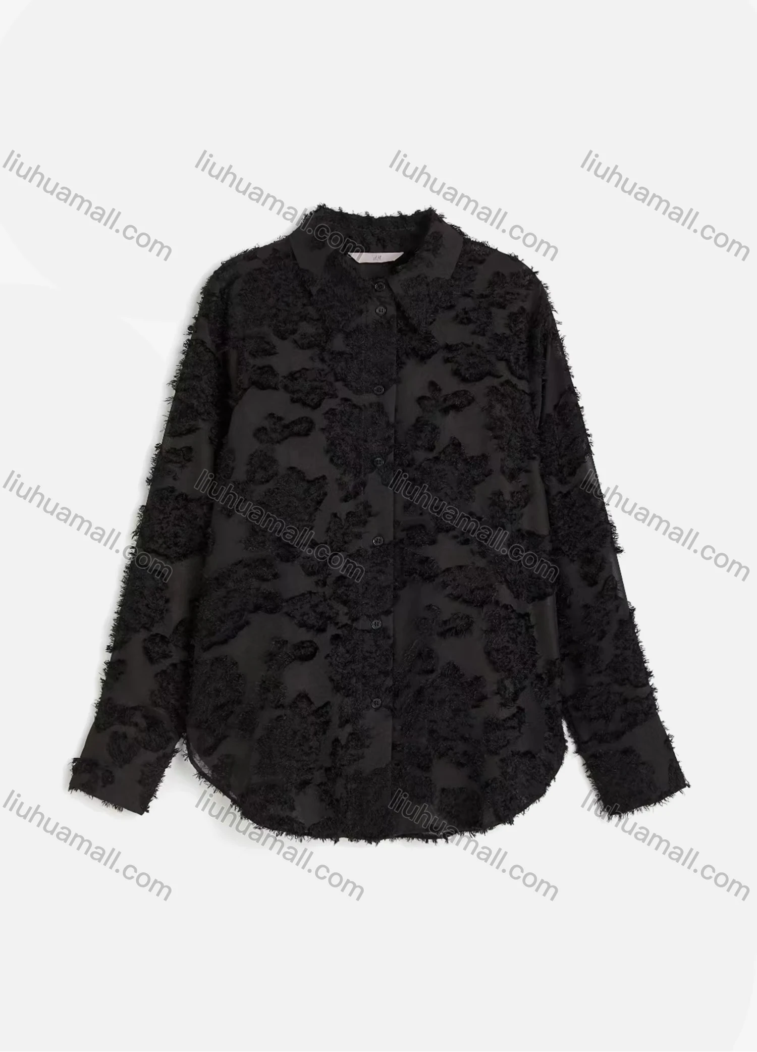 Wholesale Women's Casual Plain Eyelash Lace Applique Curved Hem Long Sleeve Collared Button Down Shirt - Liuhuamall