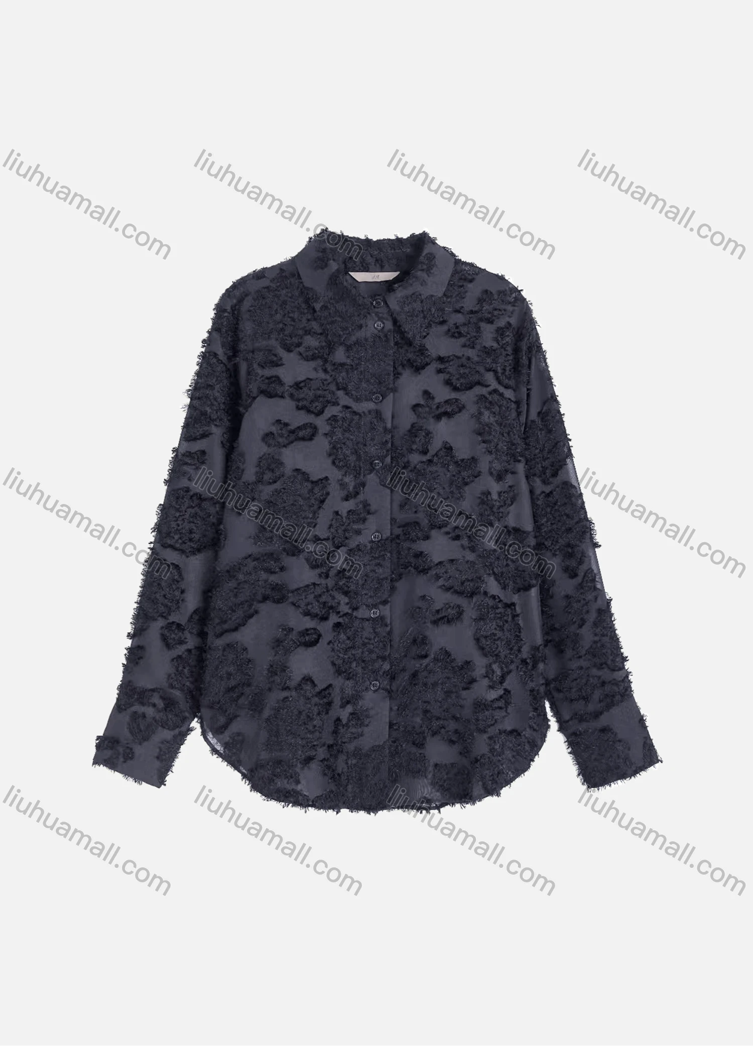 Wholesale Women's Casual Plain Eyelash Lace Applique Curved Hem Long Sleeve Collared Button Down Shirt - Liuhuamall