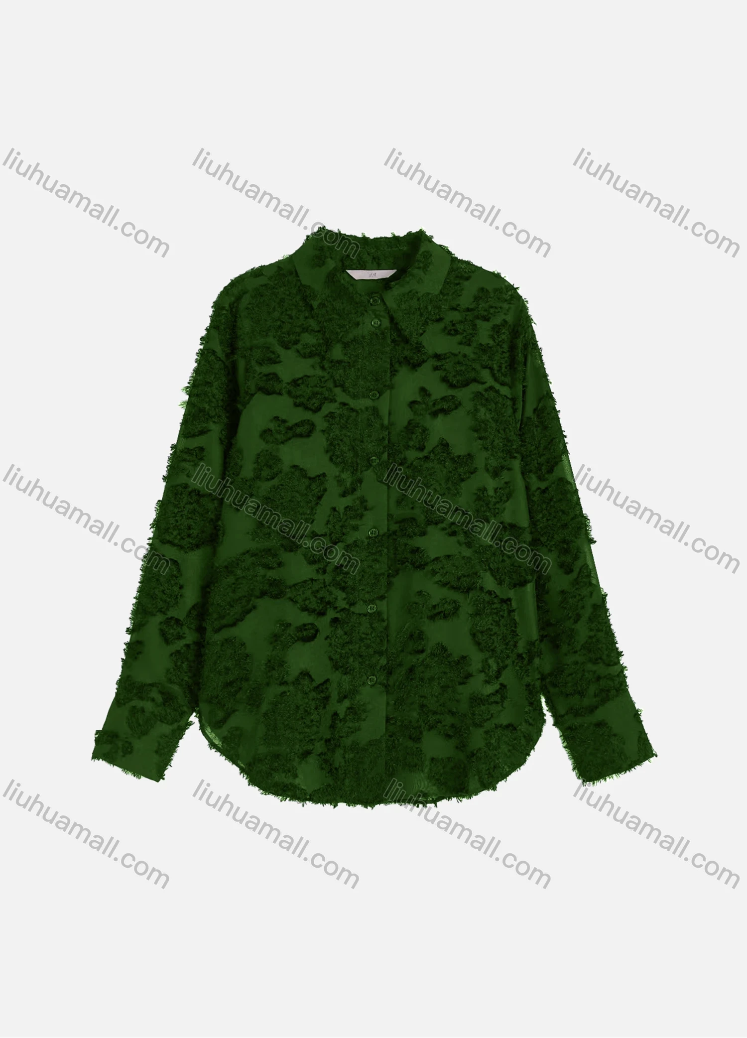 Wholesale Women's Casual Plain Eyelash Lace Applique Curved Hem Long Sleeve Collared Button Down Shirt - Liuhuamall