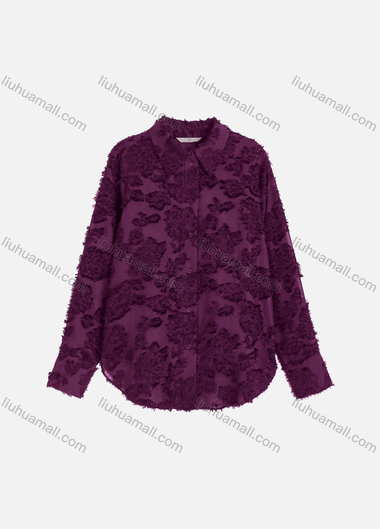 Wholesale Women's Casual Plain Eyelash Lace Applique Curved Hem Long Sleeve Collared Button Down Shirt - Liuhuamall