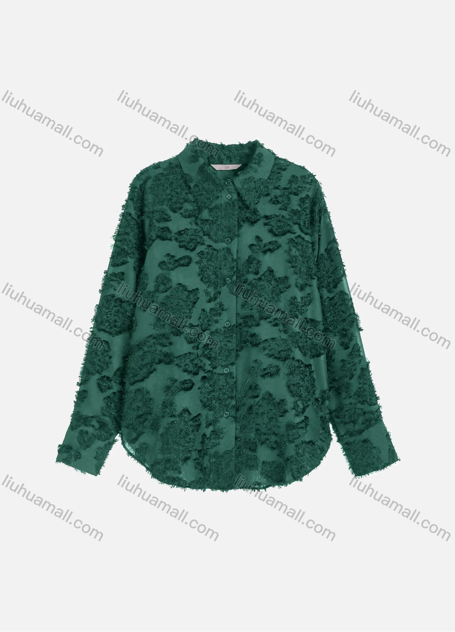 Wholesale Women's Casual Plain Eyelash Lace Applique Curved Hem Long Sleeve Collared Button Down Shirt - Liuhuamall
