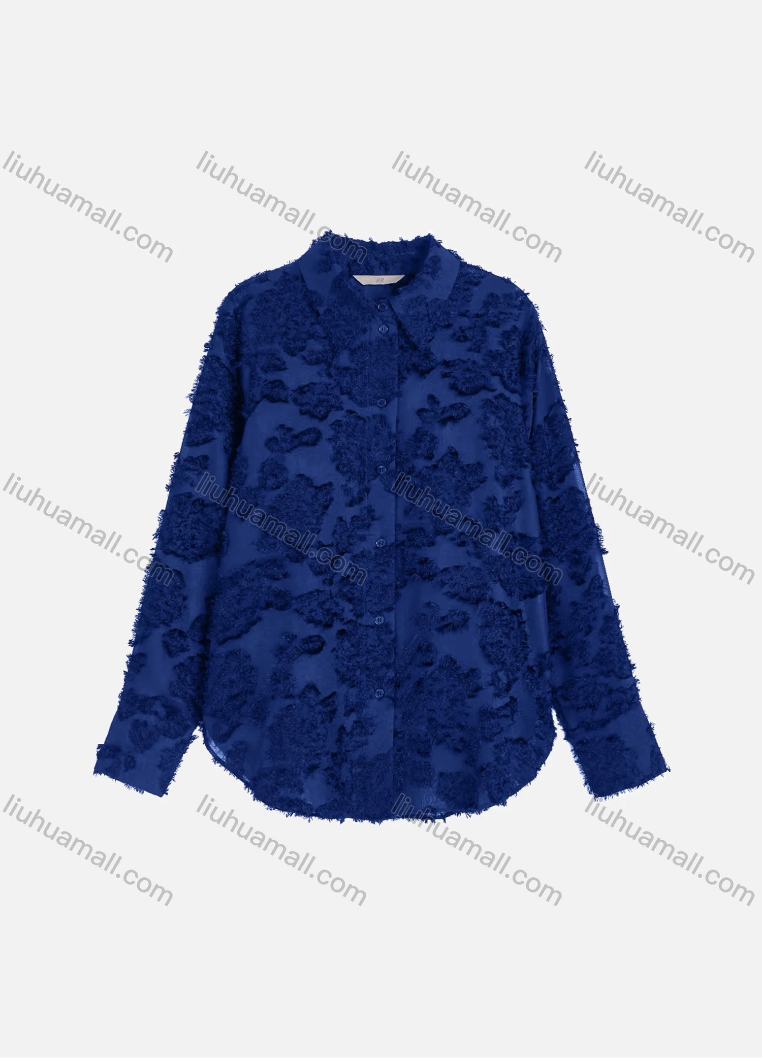 Wholesale Women's Casual Plain Eyelash Lace Applique Curved Hem Long Sleeve Collared Button Down Shirt - Liuhuamall