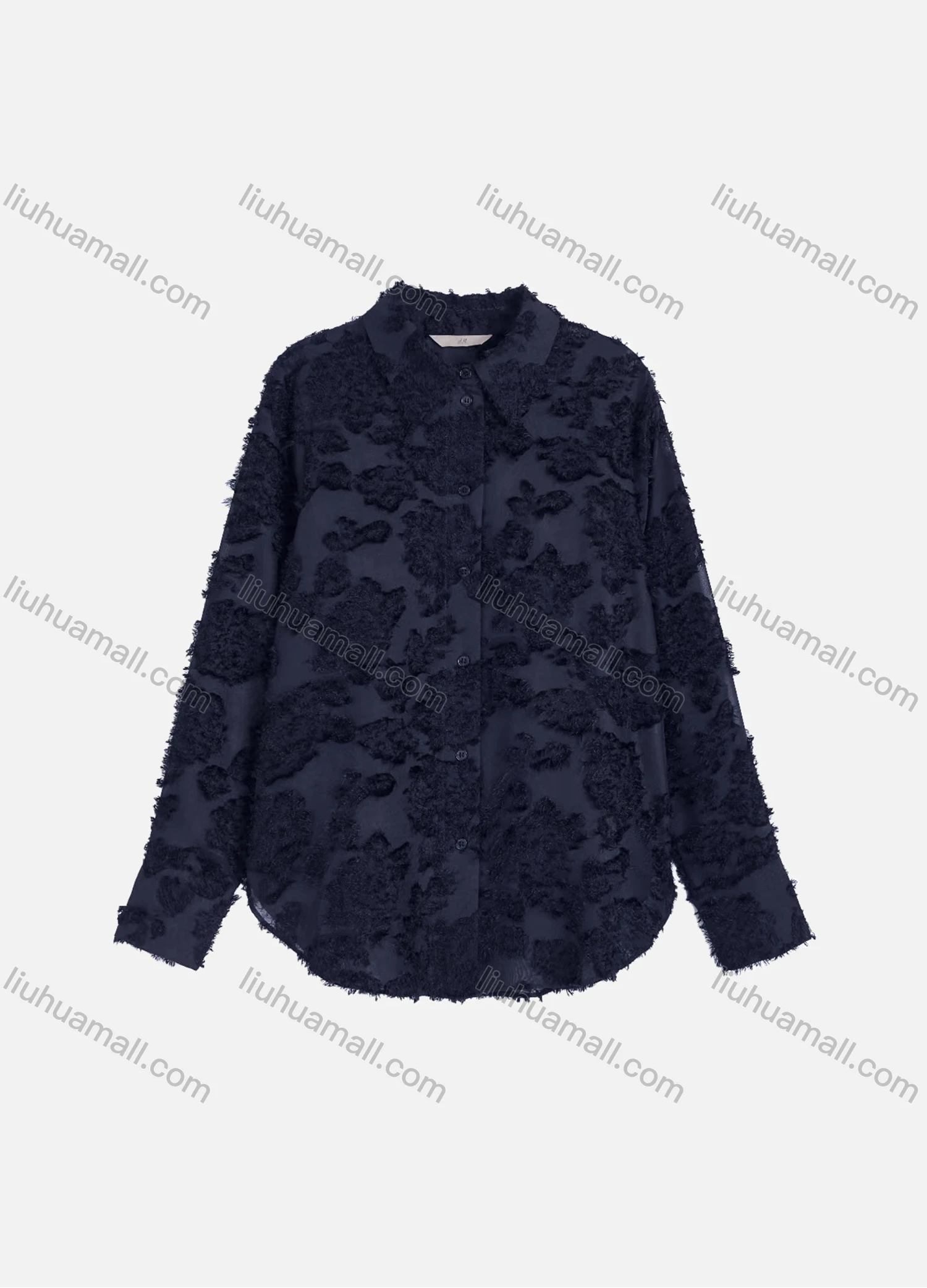 Wholesale Women's Casual Plain Eyelash Lace Applique Curved Hem Long Sleeve Collared Button Down Shirt - Liuhuamall