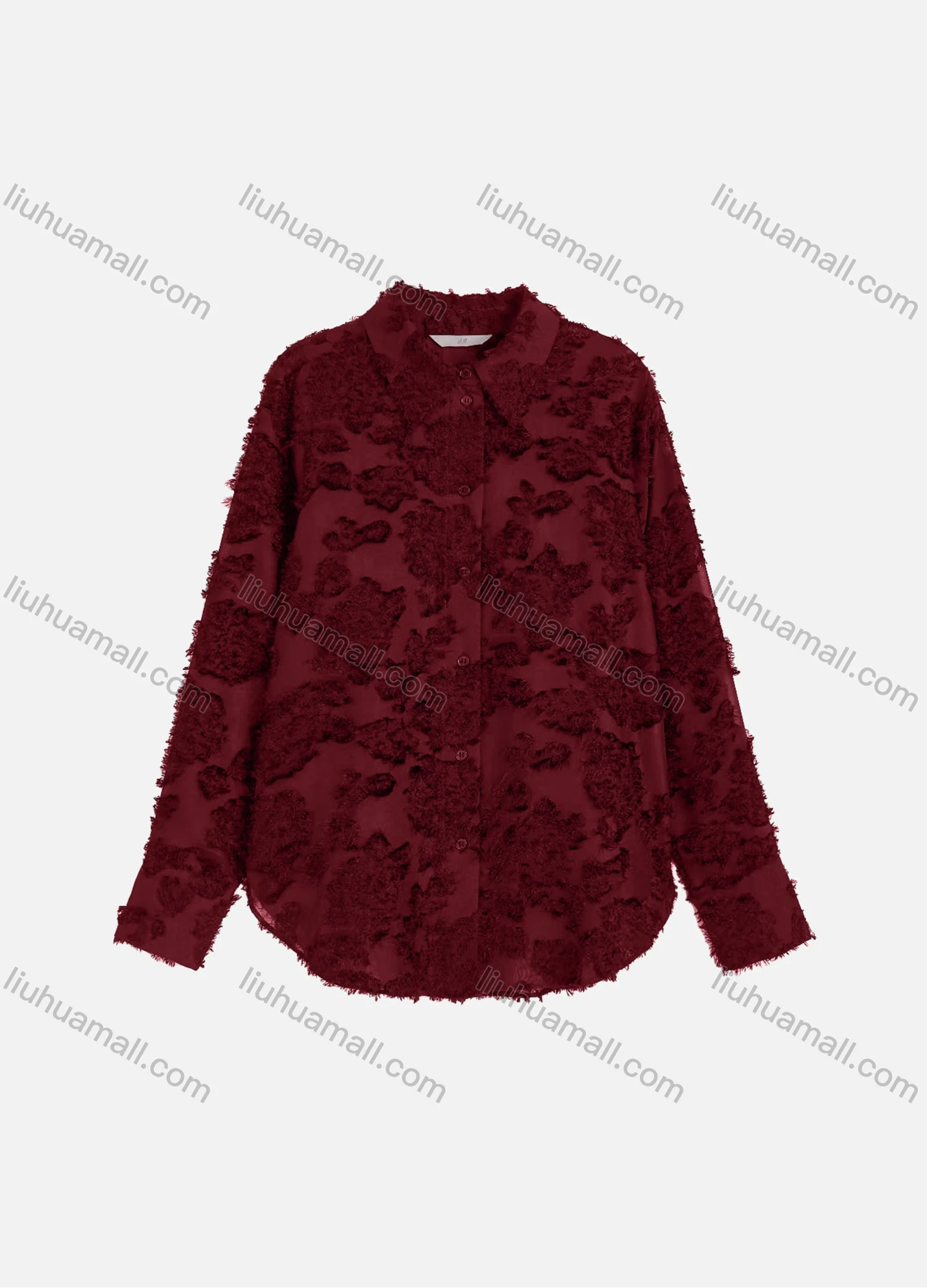 Wholesale Women's Casual Plain Eyelash Lace Applique Curved Hem Long Sleeve Collared Button Down Shirt - Liuhuamall