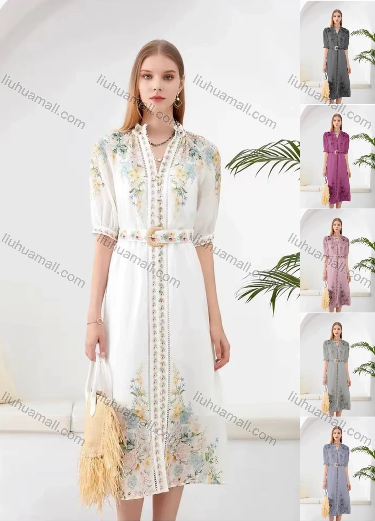 Wholesale Women's Elegant Floral Split Hem V Neck Half Sleeve Midi Dress With Belt - Liuhuamall