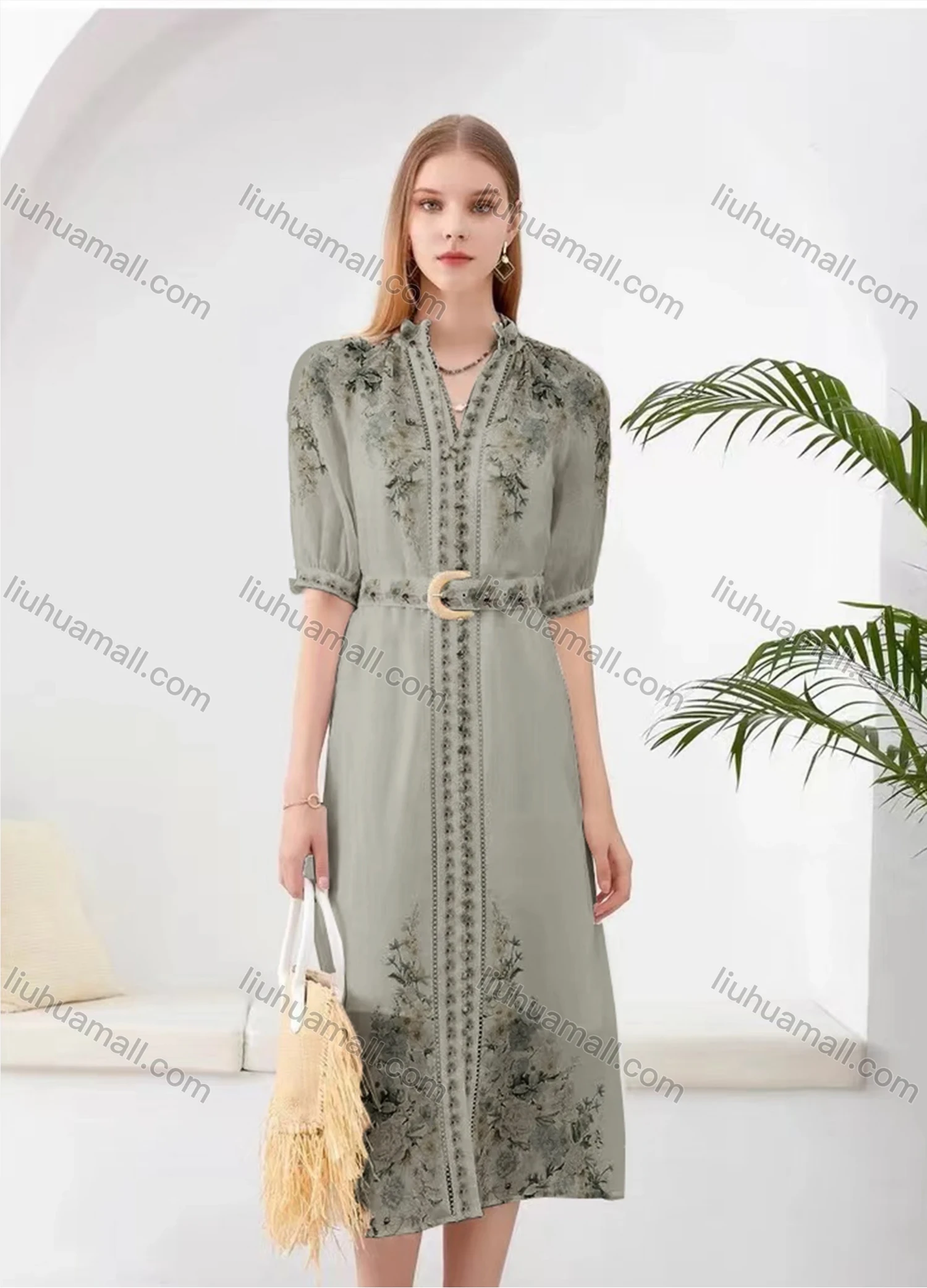 Wholesale Women's Elegant Floral Split Hem V Neck Half Sleeve Midi Dress With Belt - Liuhuamall