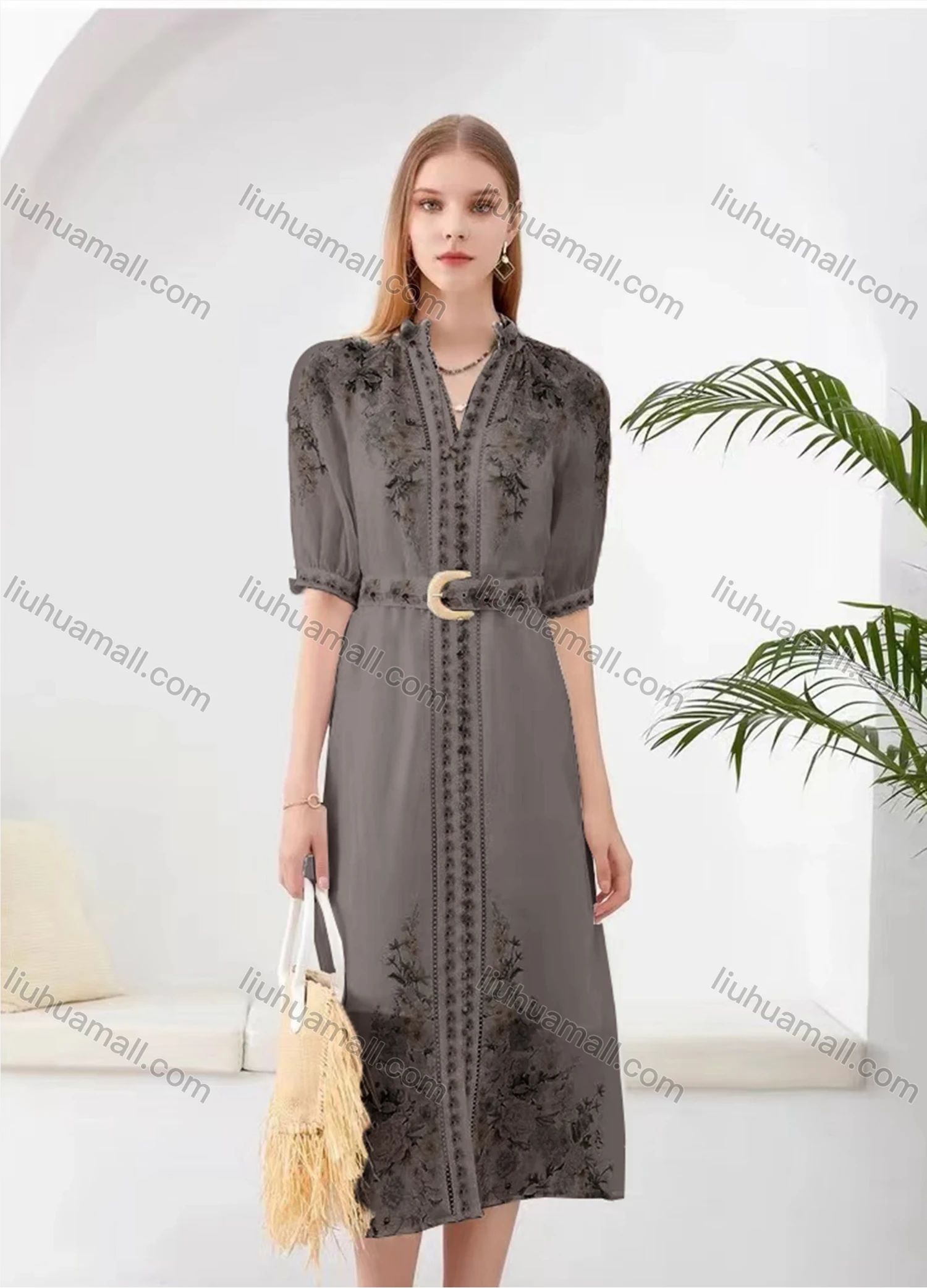 Wholesale Women's Elegant Floral Split Hem V Neck Half Sleeve Midi Dress With Belt - Liuhuamall