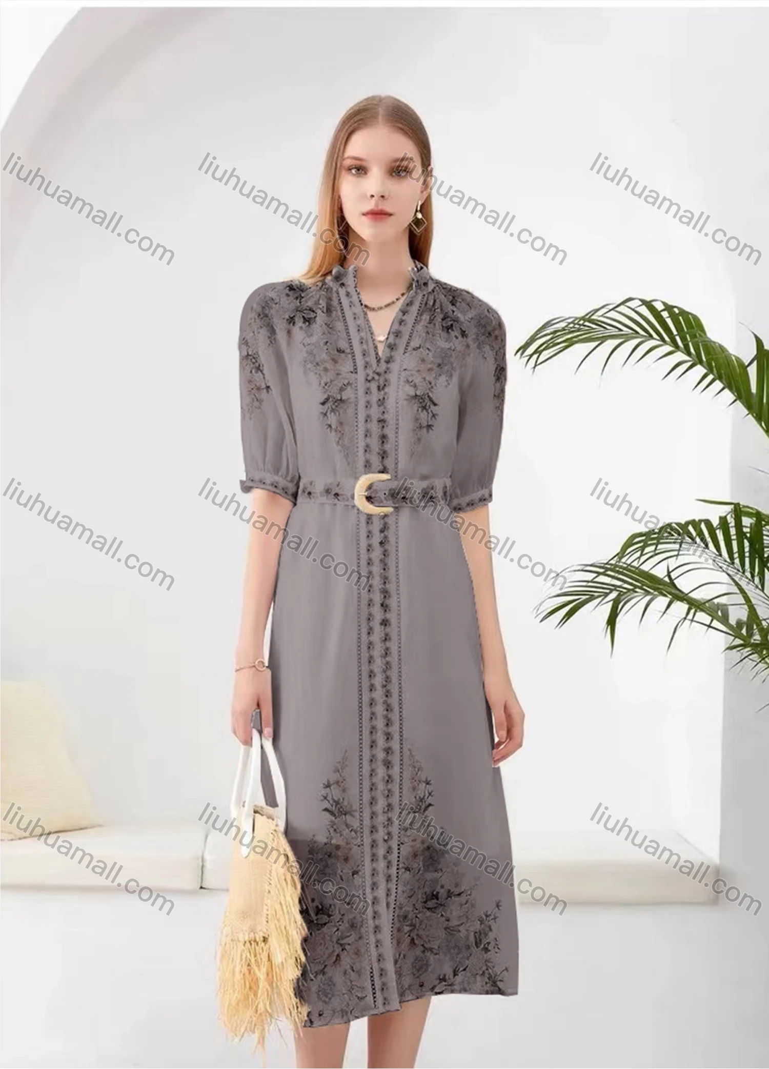 Wholesale Women's Elegant Floral Split Hem V Neck Half Sleeve Midi Dress With Belt - Liuhuamall