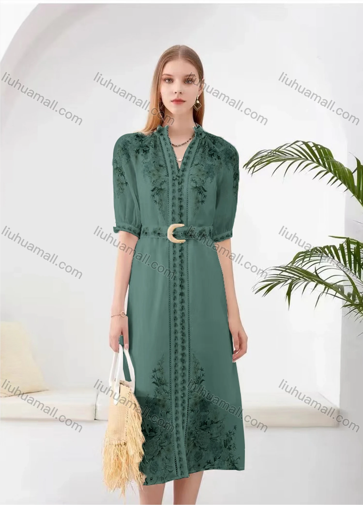 Wholesale Women's Elegant Floral Split Hem V Neck Half Sleeve Midi Dress With Belt - Liuhuamall