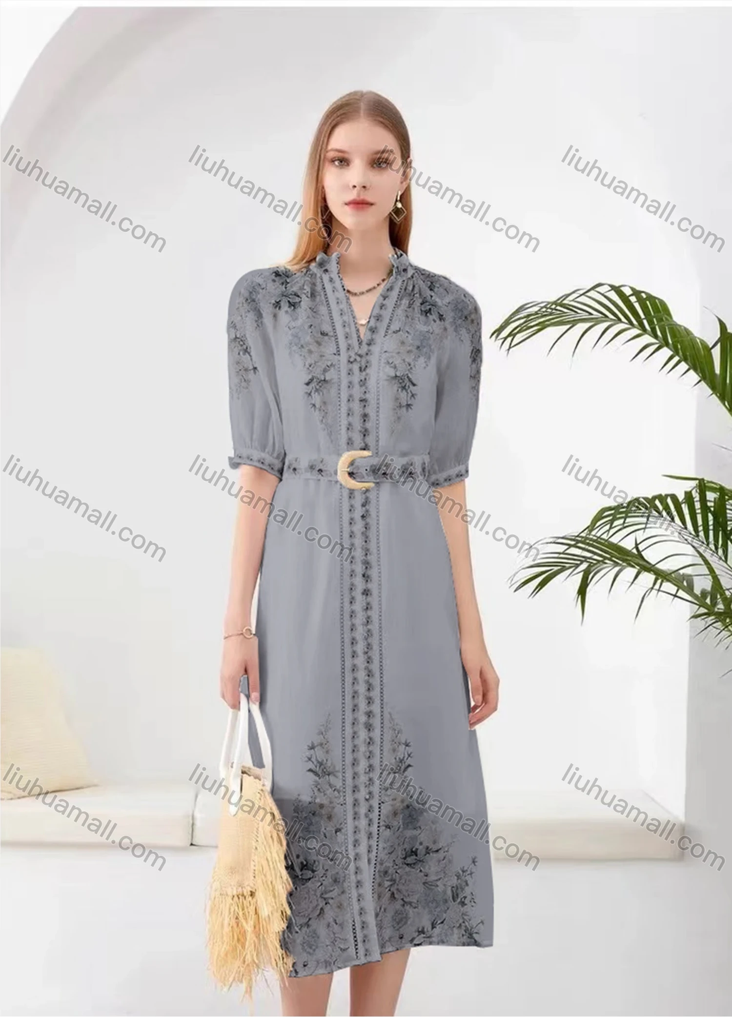 Wholesale Women's Elegant Floral Split Hem V Neck Half Sleeve Midi Dress With Belt - Liuhuamall