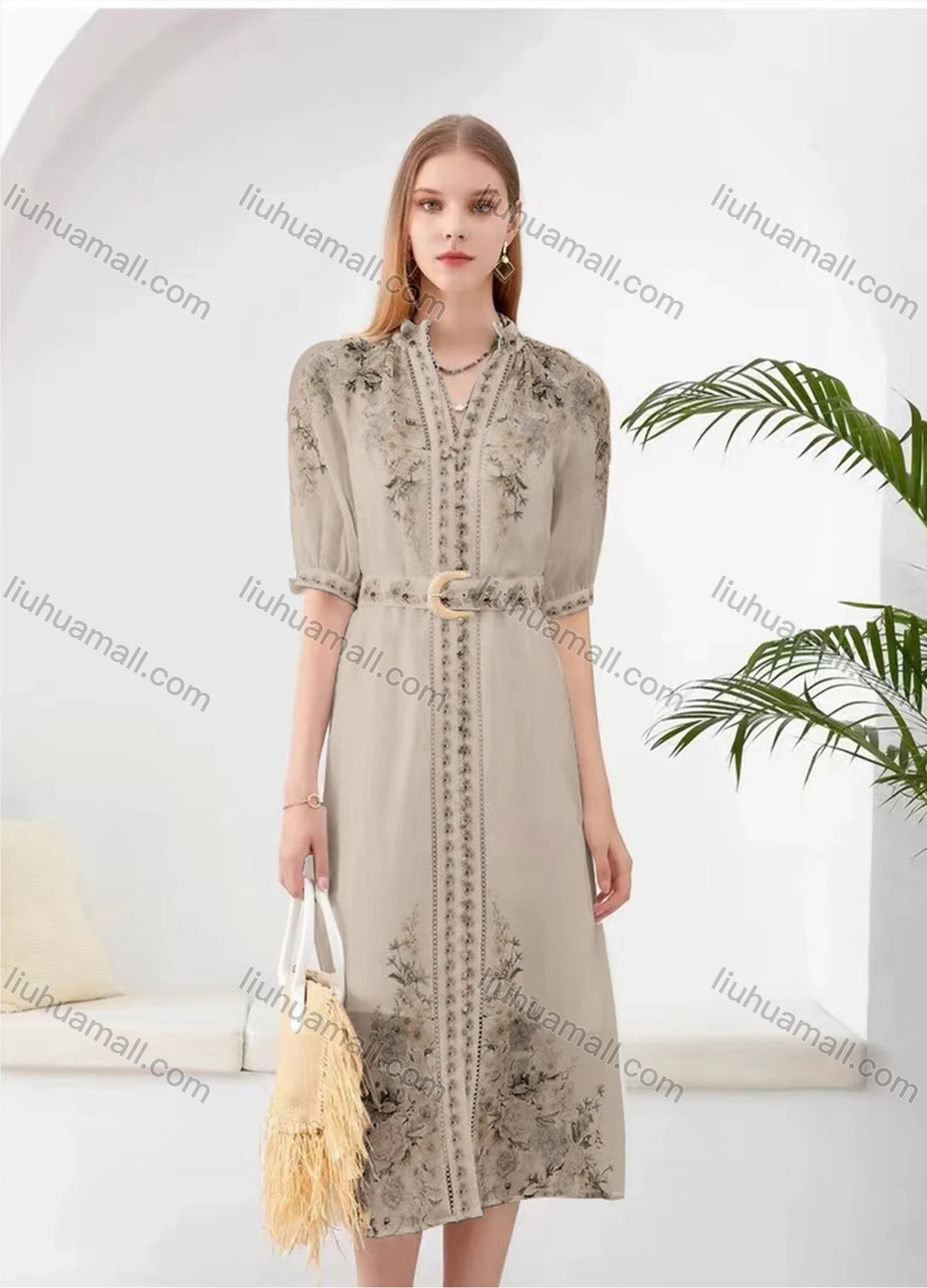 Wholesale Women's Elegant Floral Split Hem V Neck Half Sleeve Midi Dress With Belt - Liuhuamall