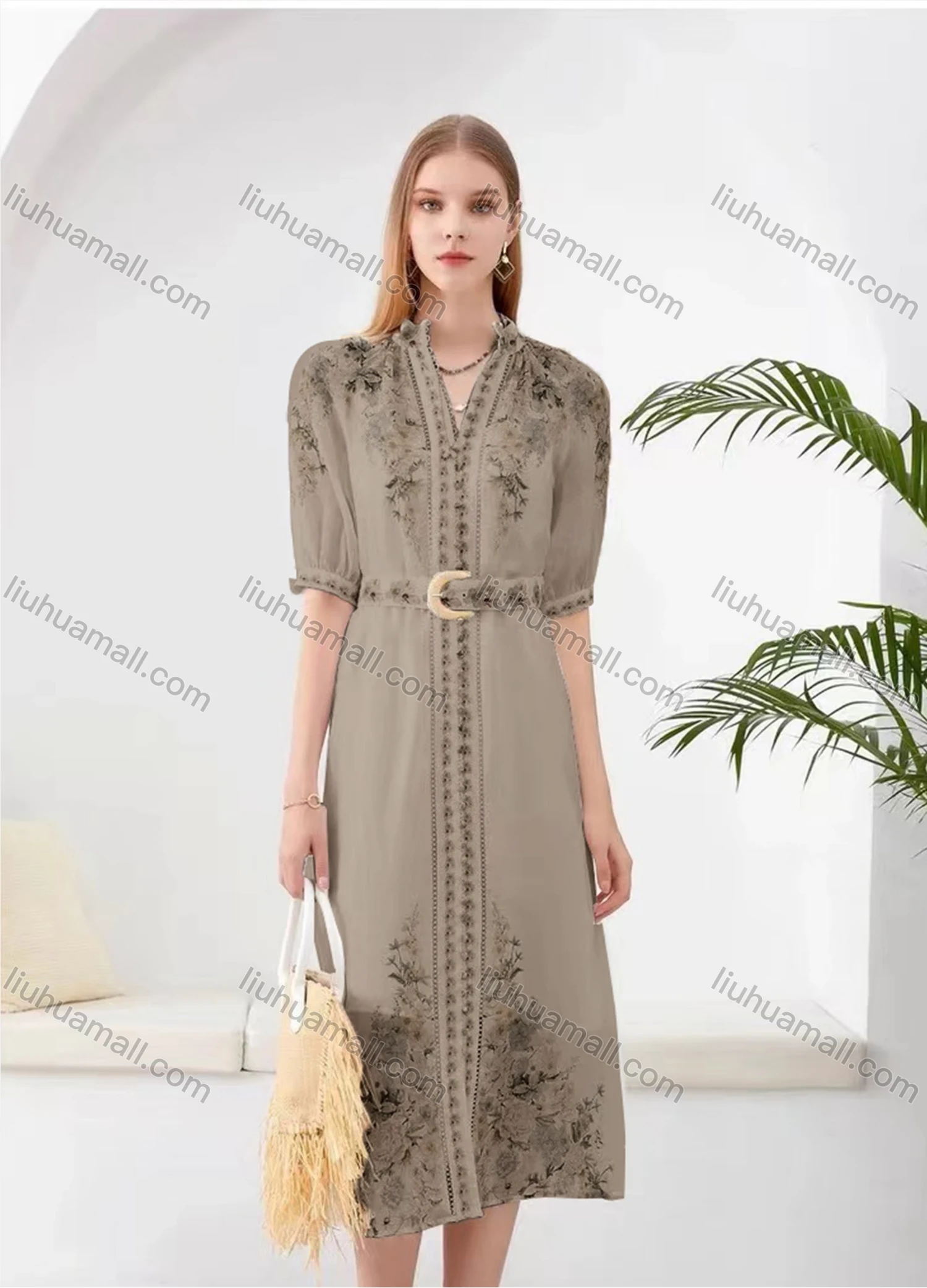 Wholesale Women's Elegant Floral Split Hem V Neck Half Sleeve Midi Dress With Belt - Liuhuamall