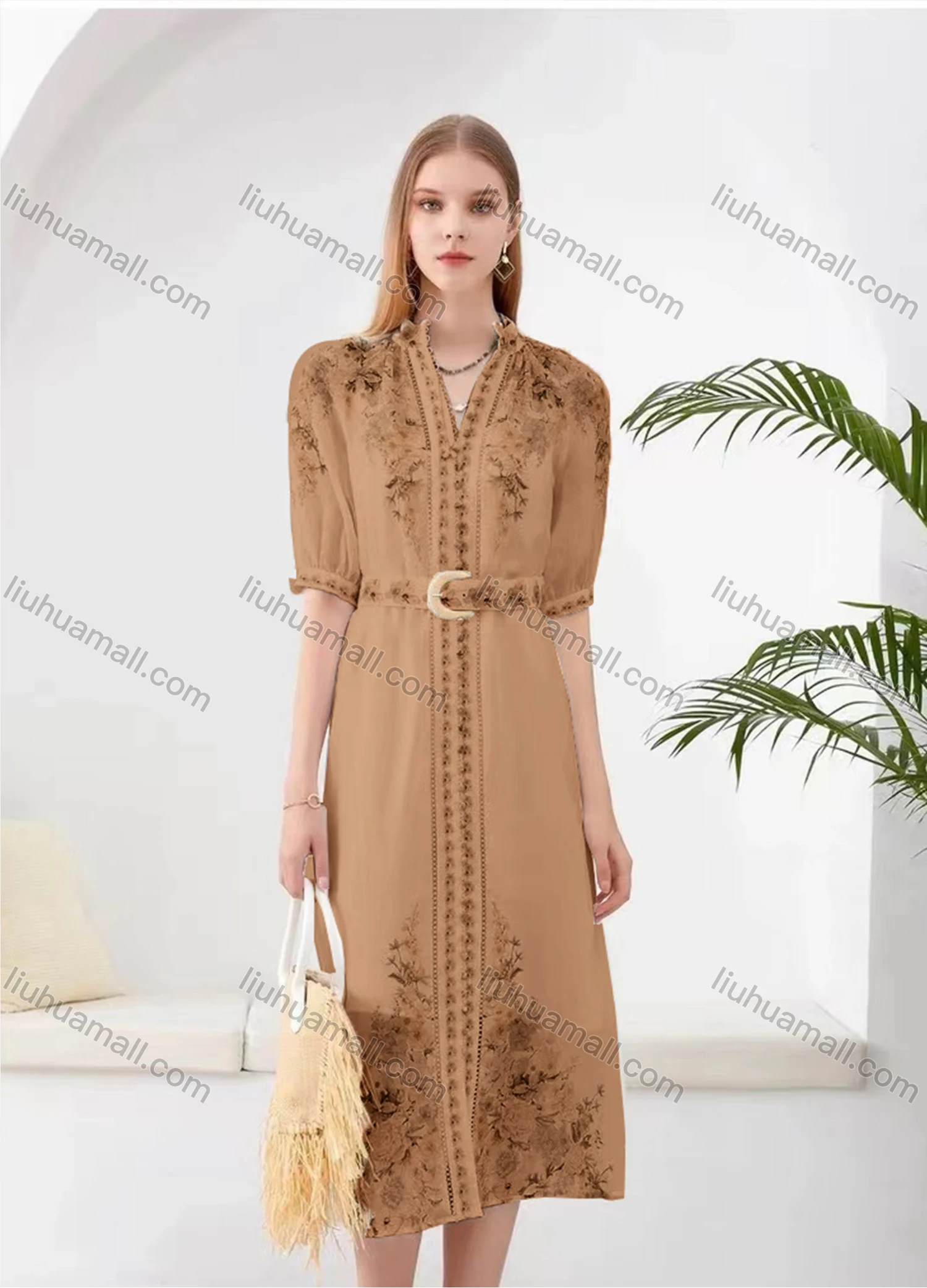 Wholesale Women's Elegant Floral Split Hem V Neck Half Sleeve Midi Dress With Belt - Liuhuamall