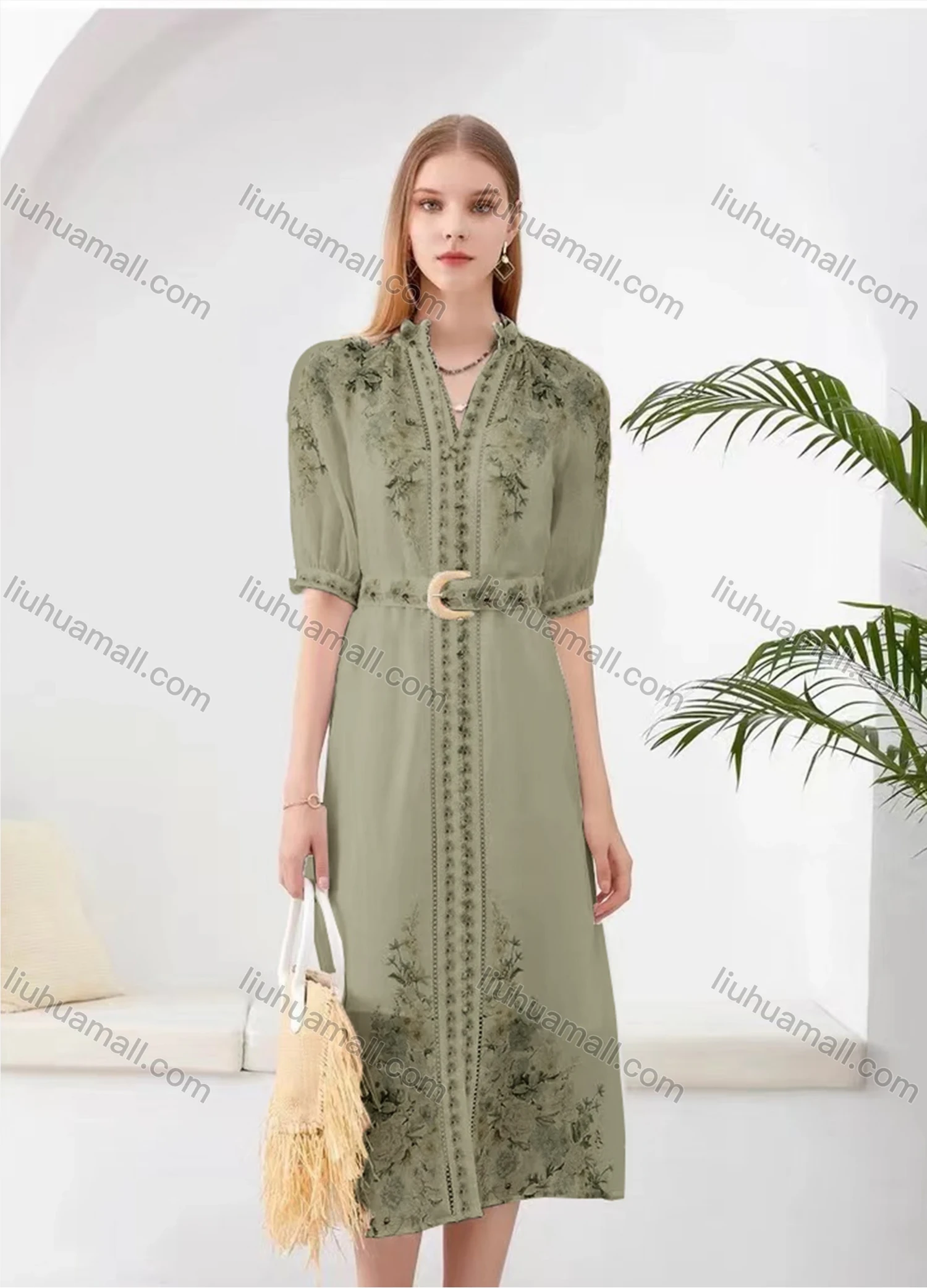 Wholesale Women's Elegant Floral Split Hem V Neck Half Sleeve Midi Dress With Belt - Liuhuamall