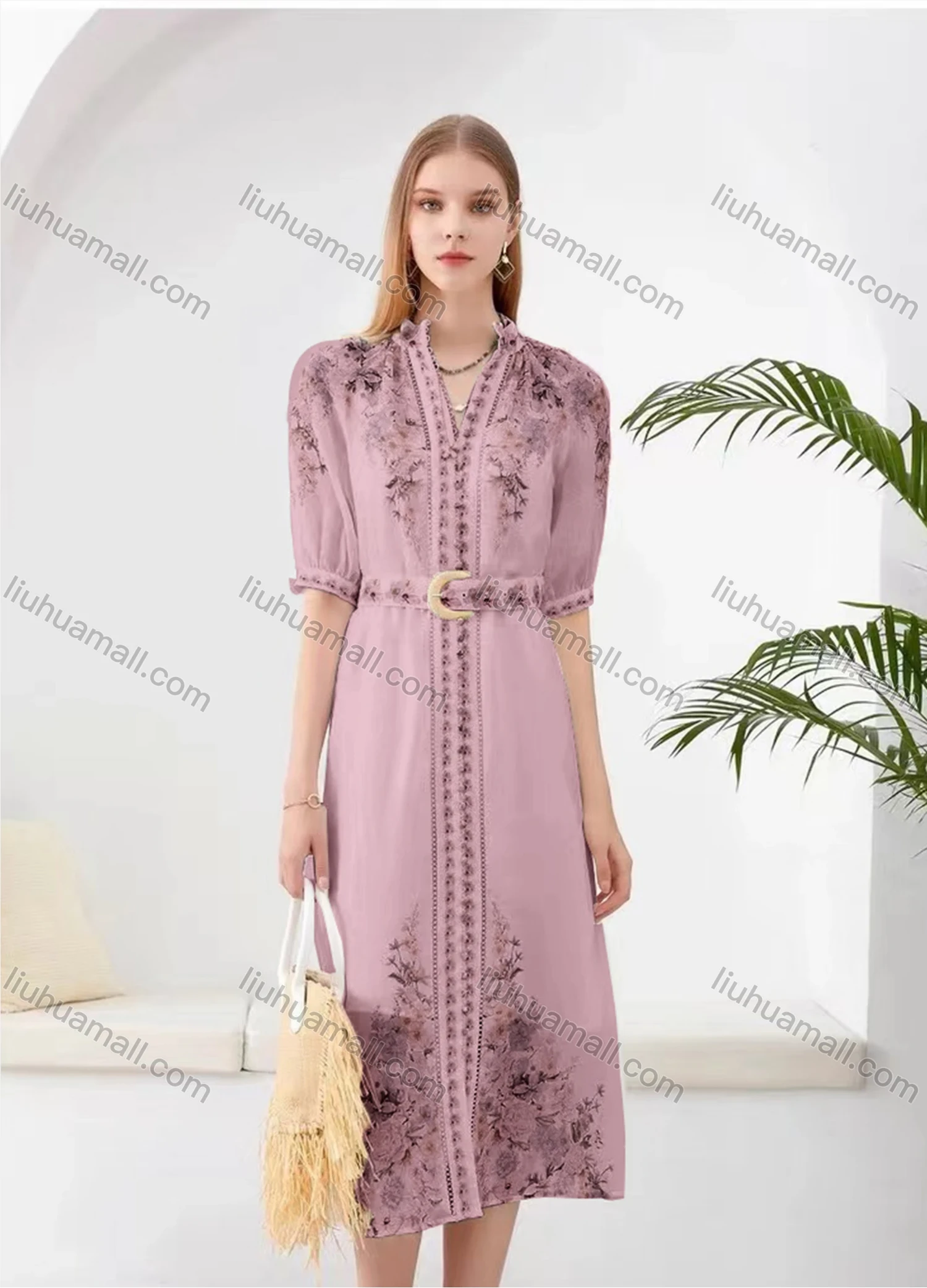 Wholesale Women's Elegant Floral Split Hem V Neck Half Sleeve Midi Dress With Belt - Liuhuamall