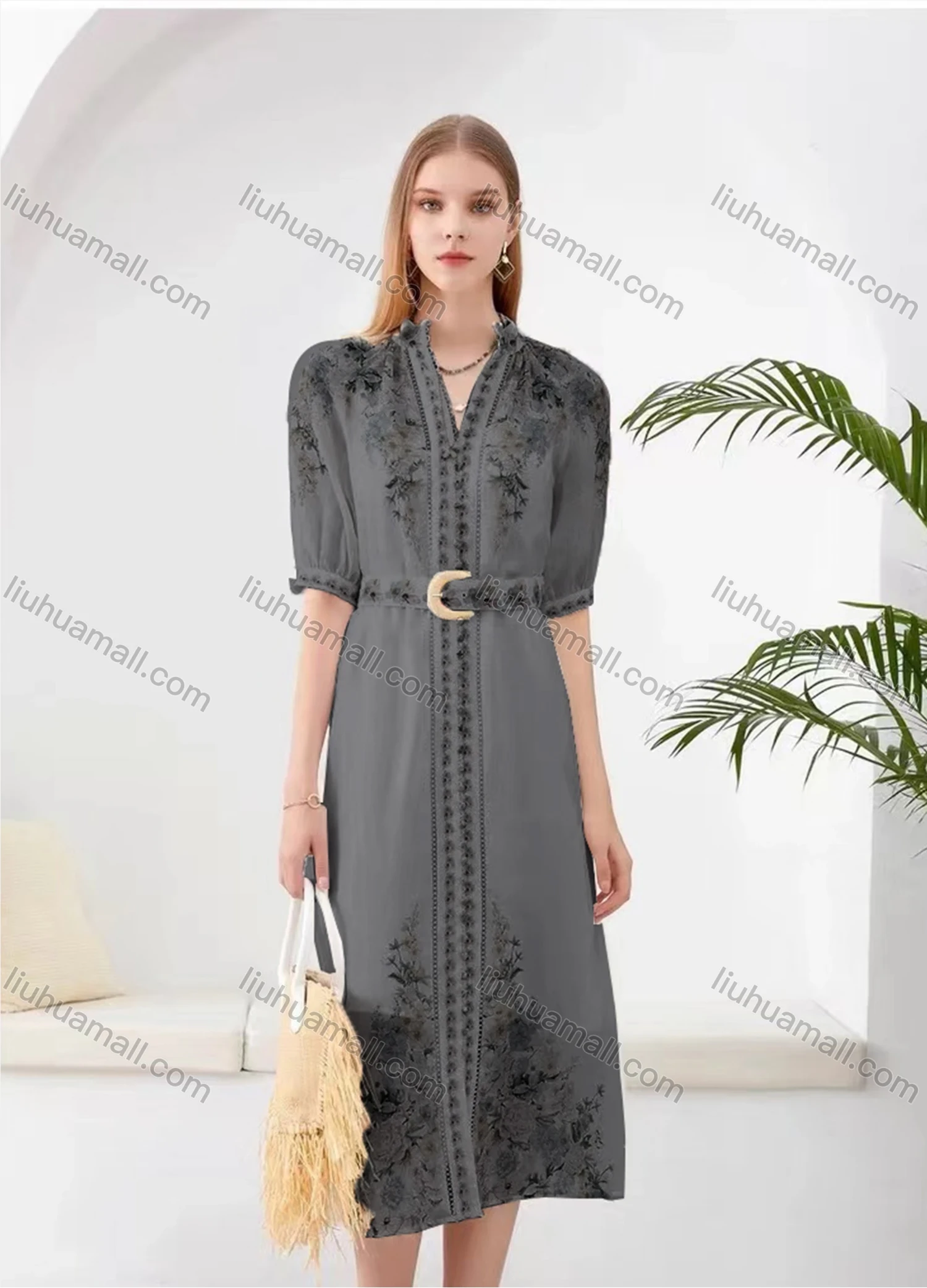 Wholesale Women's Elegant Floral Split Hem V Neck Half Sleeve Midi Dress With Belt - Liuhuamall