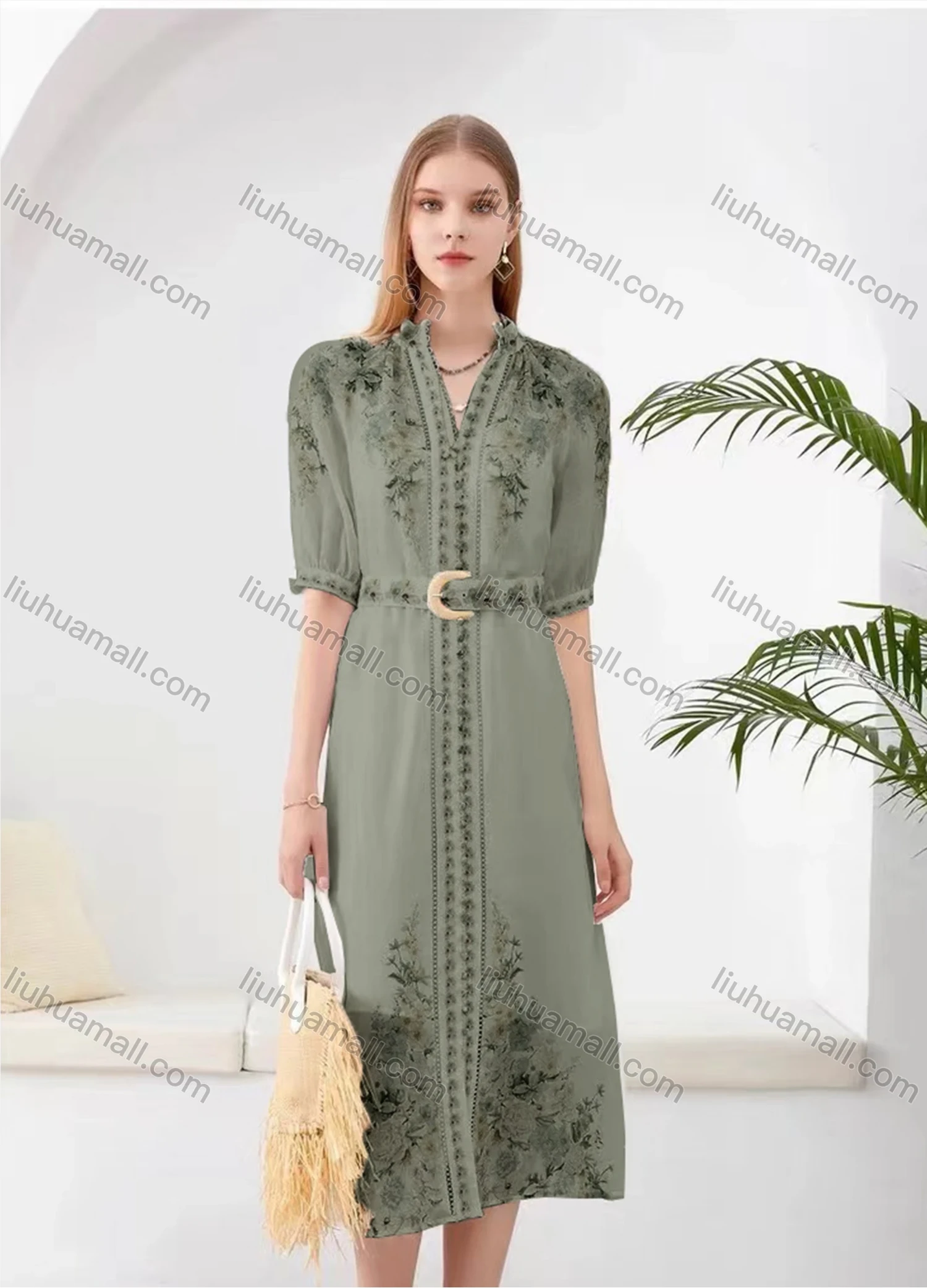 Wholesale Women's Elegant Floral Split Hem V Neck Half Sleeve Midi Dress With Belt - Liuhuamall