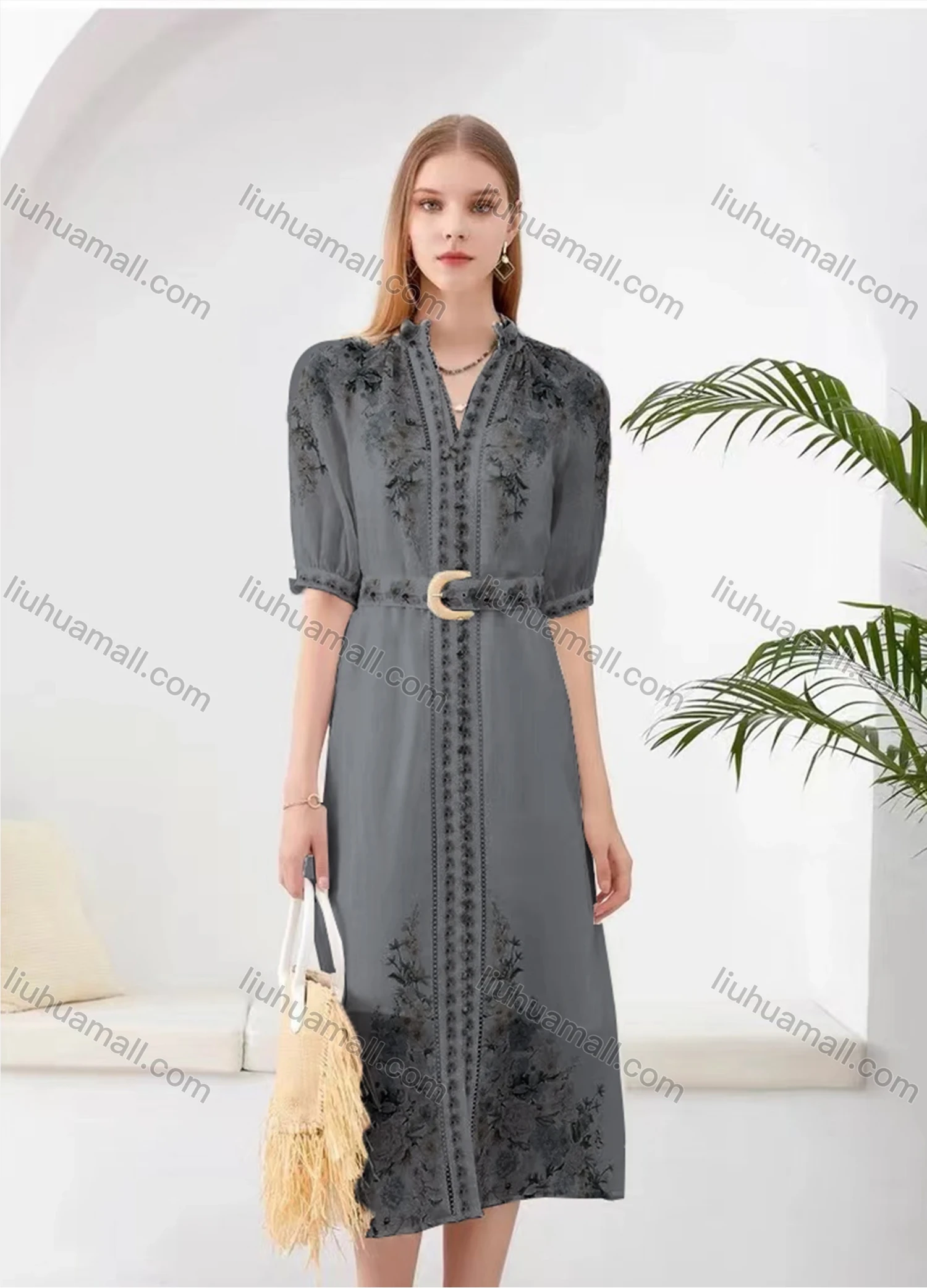 Wholesale Women's Elegant Floral Split Hem V Neck Half Sleeve Midi Dress With Belt - Liuhuamall