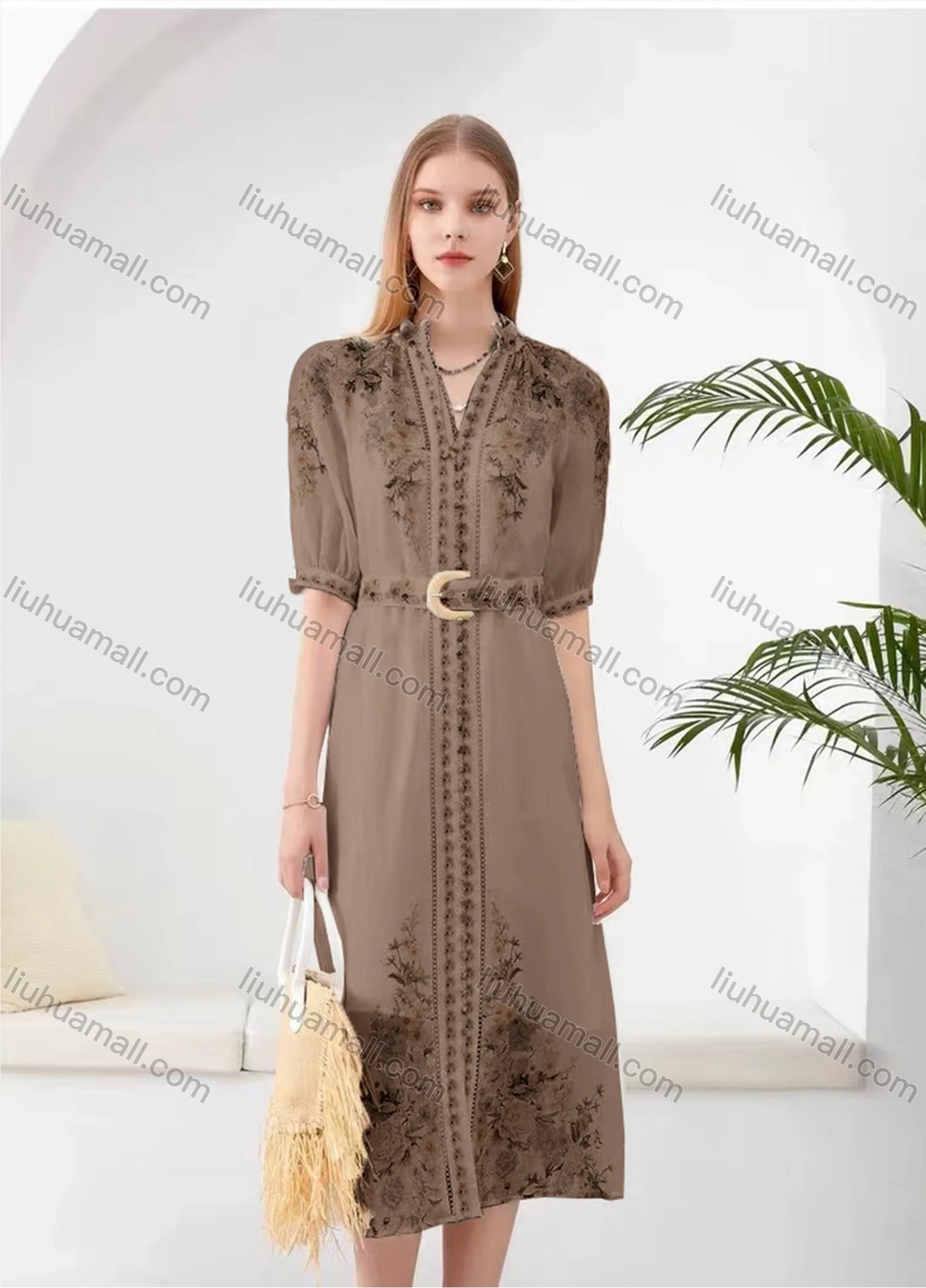 Wholesale Women's Elegant Floral Split Hem V Neck Half Sleeve Midi Dress With Belt - Liuhuamall