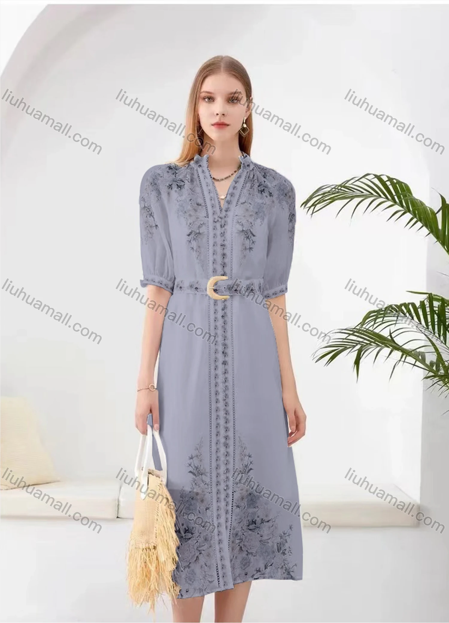 Wholesale Women's Elegant Floral Split Hem V Neck Half Sleeve Midi Dress With Belt - Liuhuamall