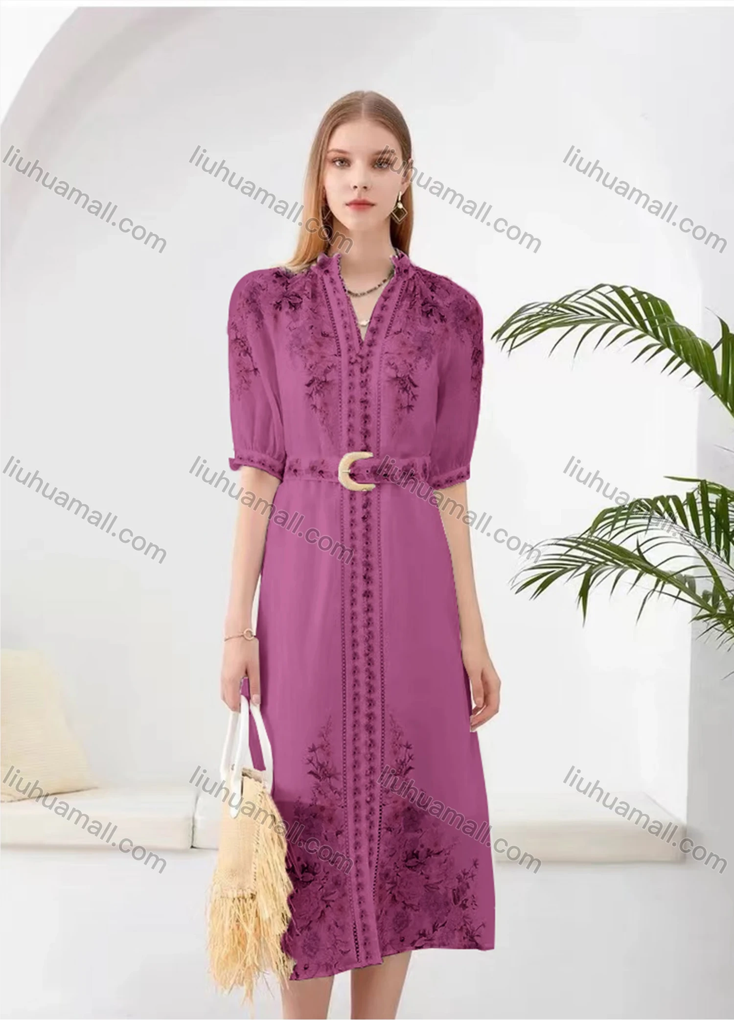 Wholesale Women's Elegant Floral Split Hem V Neck Half Sleeve Midi Dress With Belt - Liuhuamall