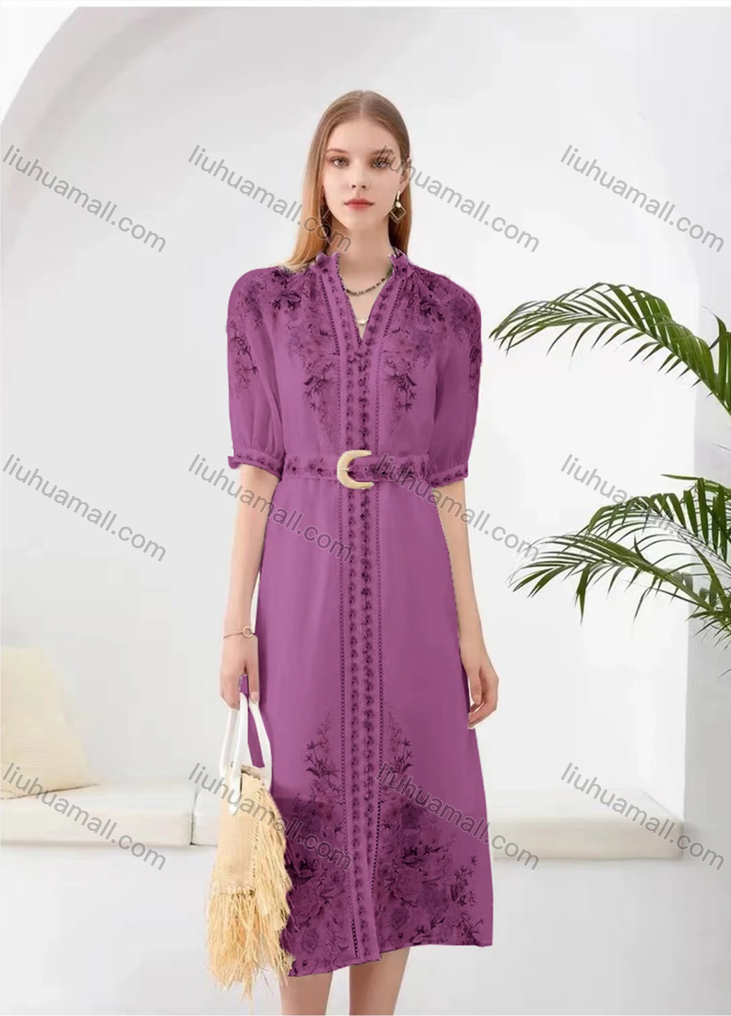Wholesale Women's Elegant Floral Split Hem V Neck Half Sleeve Midi Dress With Belt - Liuhuamall