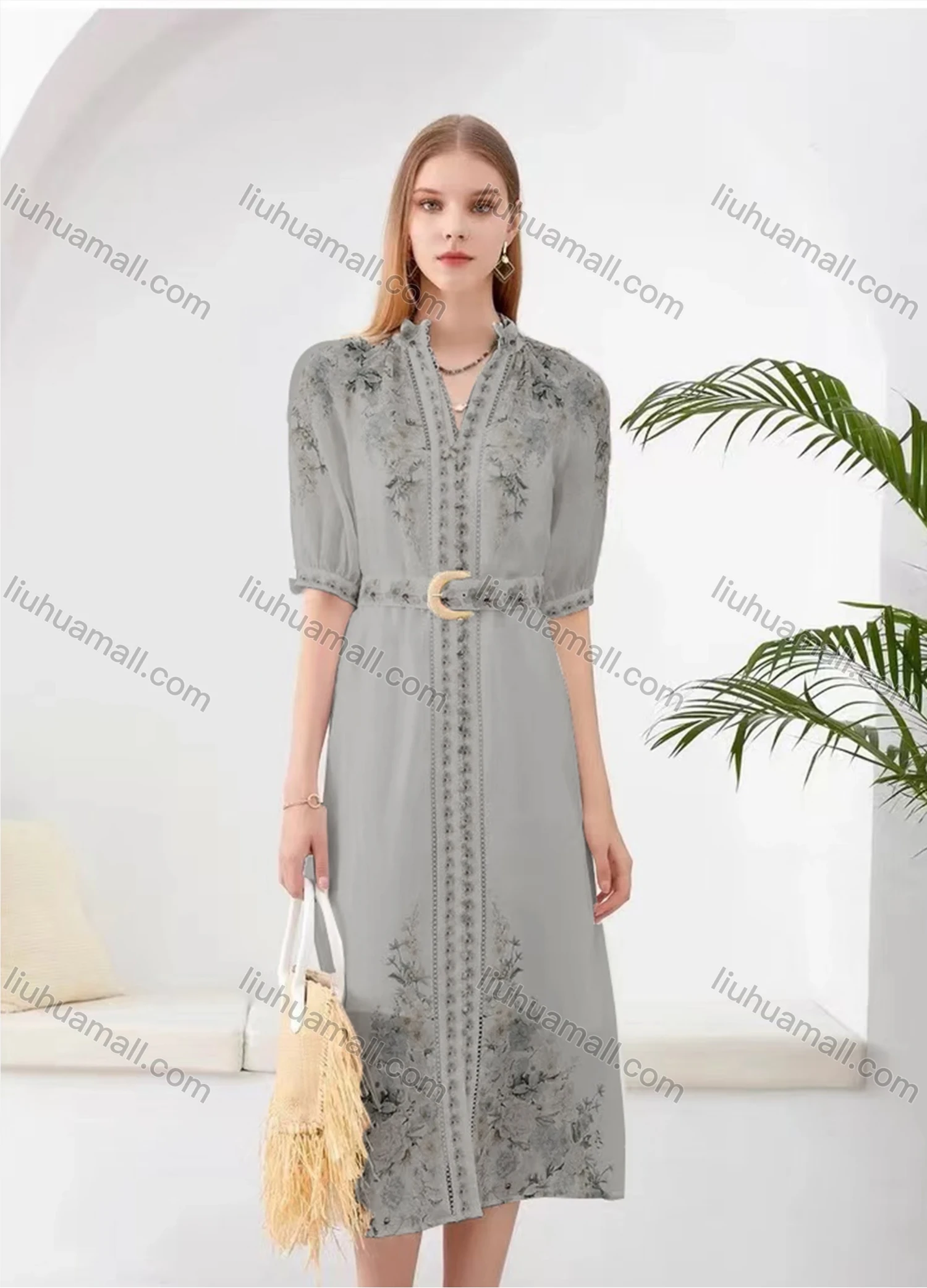 Wholesale Women's Elegant Floral Split Hem V Neck Half Sleeve Midi Dress With Belt - Liuhuamall