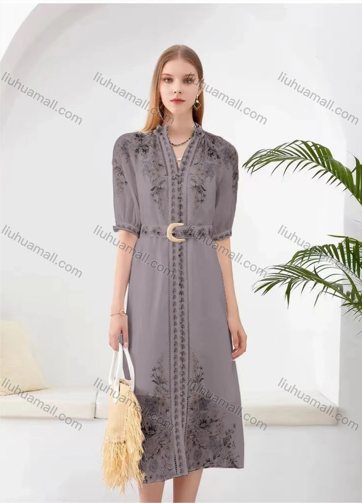 Wholesale Women's Elegant Floral Split Hem V Neck Half Sleeve Midi Dress With Belt - Liuhuamall